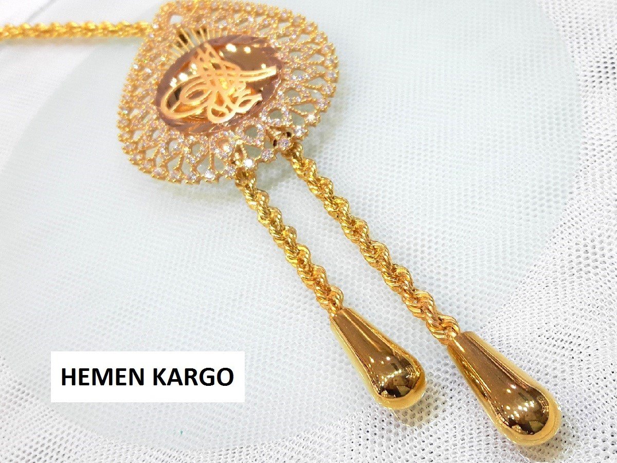 İki Damla Habbeli Damla Tuğralı Kolye 14 Ayar Altın