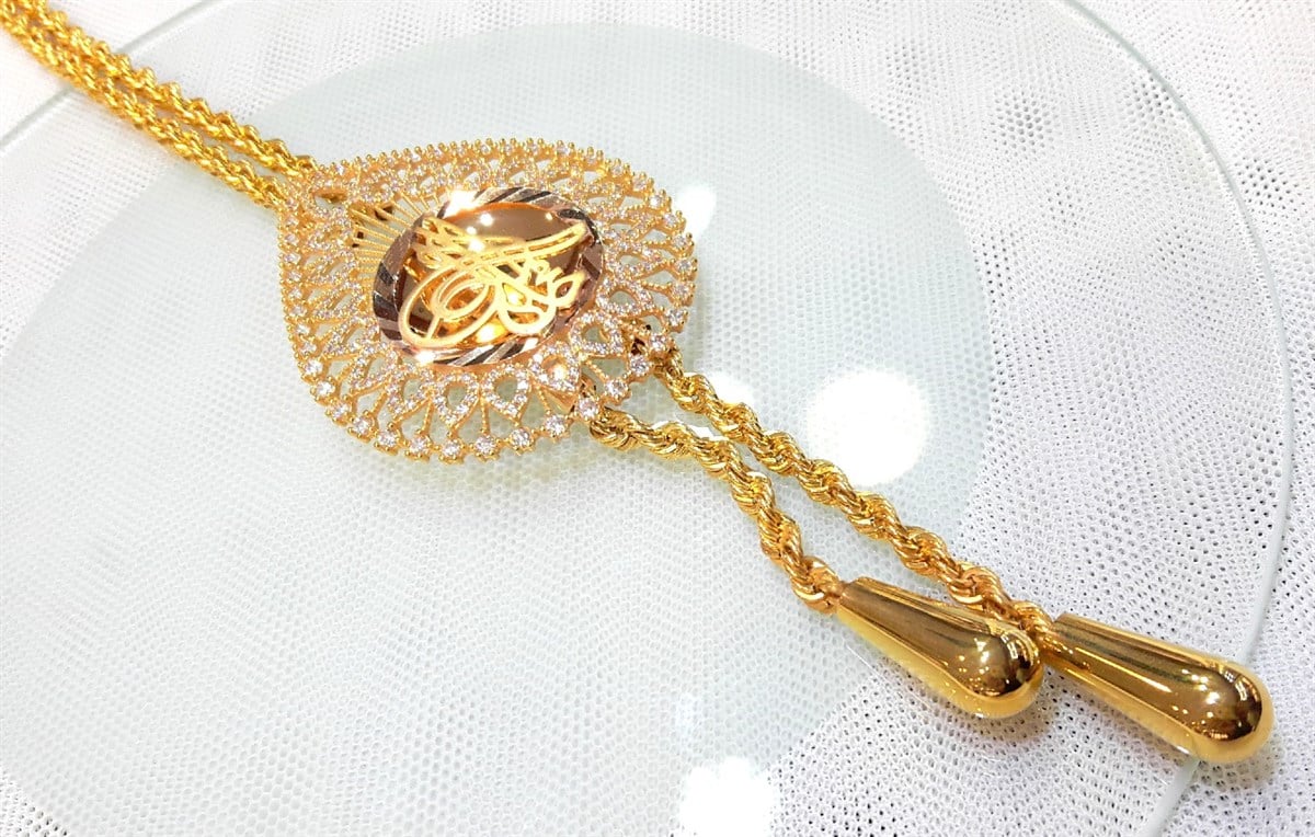 İki Damla Habbeli Damla Tuğralı Kolye 14 Ayar Altın