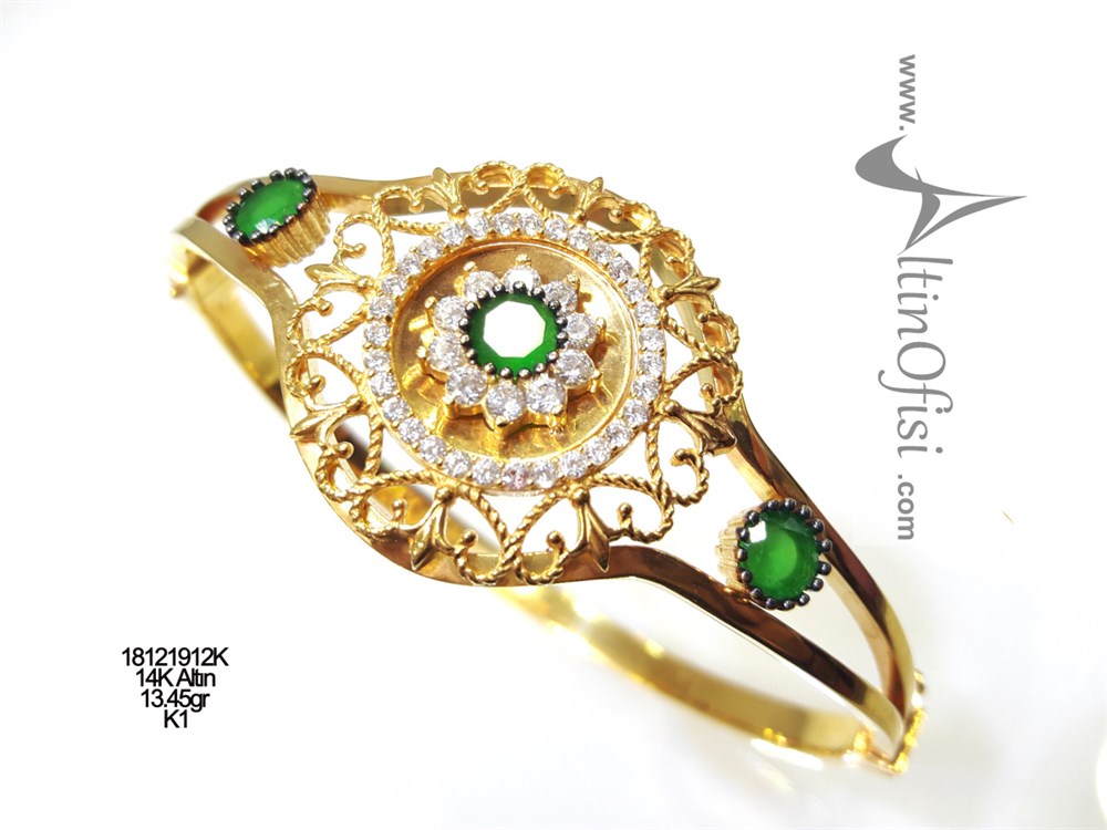 Otantik Yeşil Taşlı Kelepçe Bilezik 14 Ayar Altın