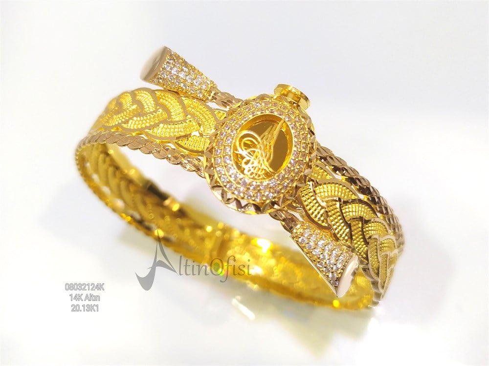 Tuğralı Fişekli Kelepçe Bilezik 14 Ayar Altın