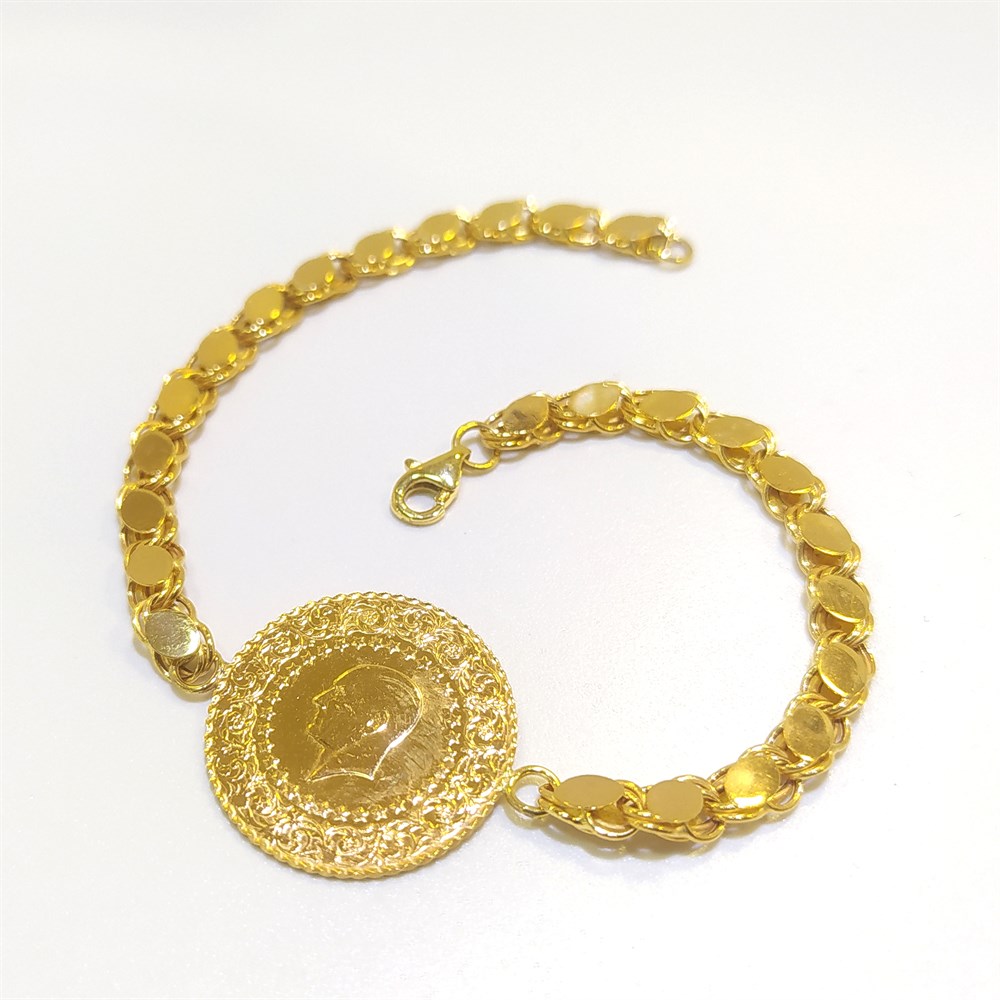 Yarım Altınlı Pullu Zincirli Bileklik Künye