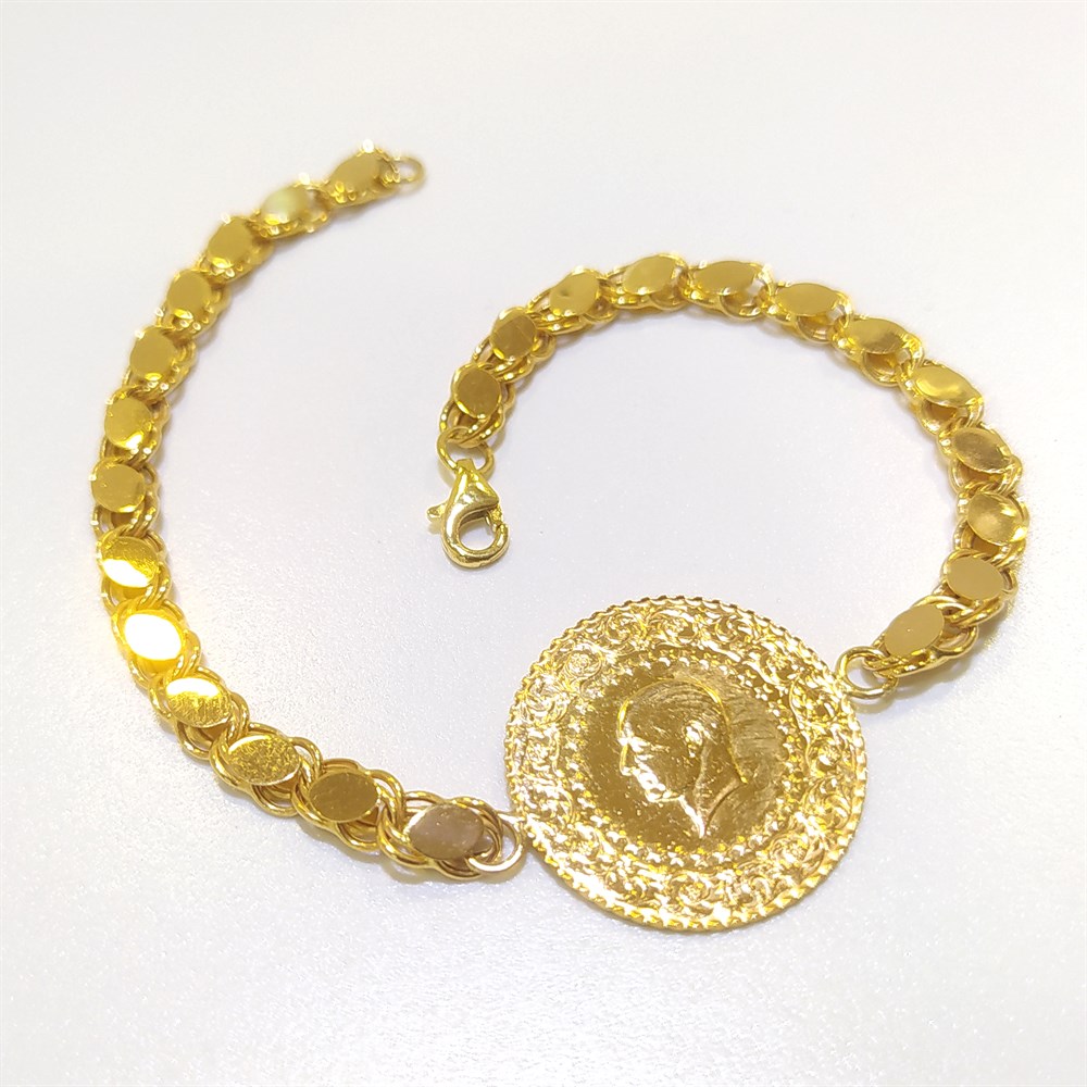 Yarım Altınlı Pullu Zincirli Bileklik Künye