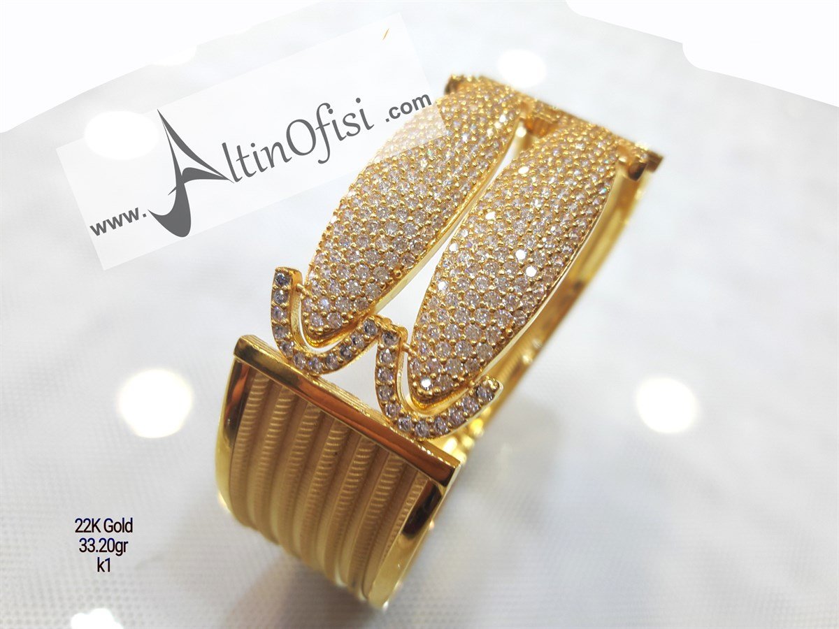 Trabzon İşlemeli Taşlı Kelepçe Bilezik 22 Ayar Altın