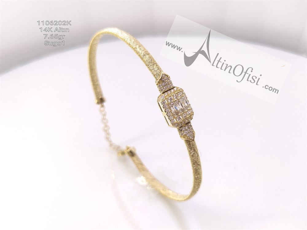 Baget Taşlı Kelepçe Bilezik 14 Ayar Altın