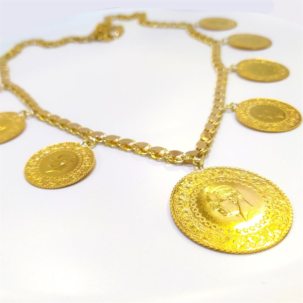 Gremise ve 8ad Tam Altınlı Pullu Zincirli Gerdanlık Kolye Altın