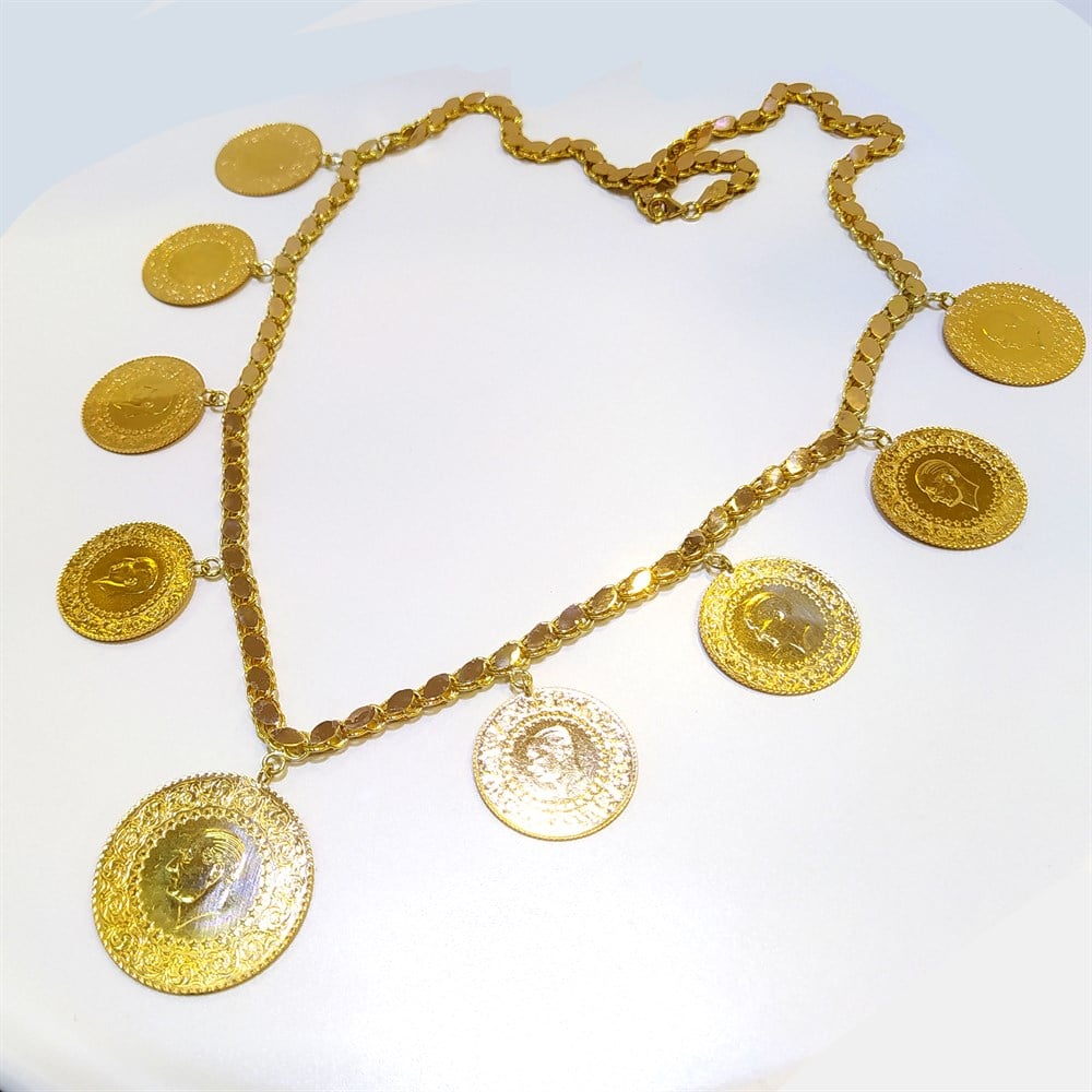 Gremise ve 8ad Tam Altınlı Pullu Zincirli Gerdanlık Kolye Altın