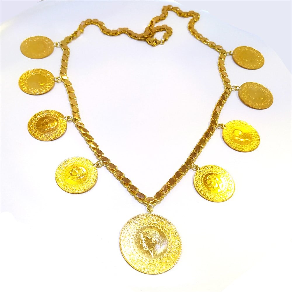 Gremise ve 8ad Tam Altınlı Pullu Zincirli Gerdanlık Kolye Altın