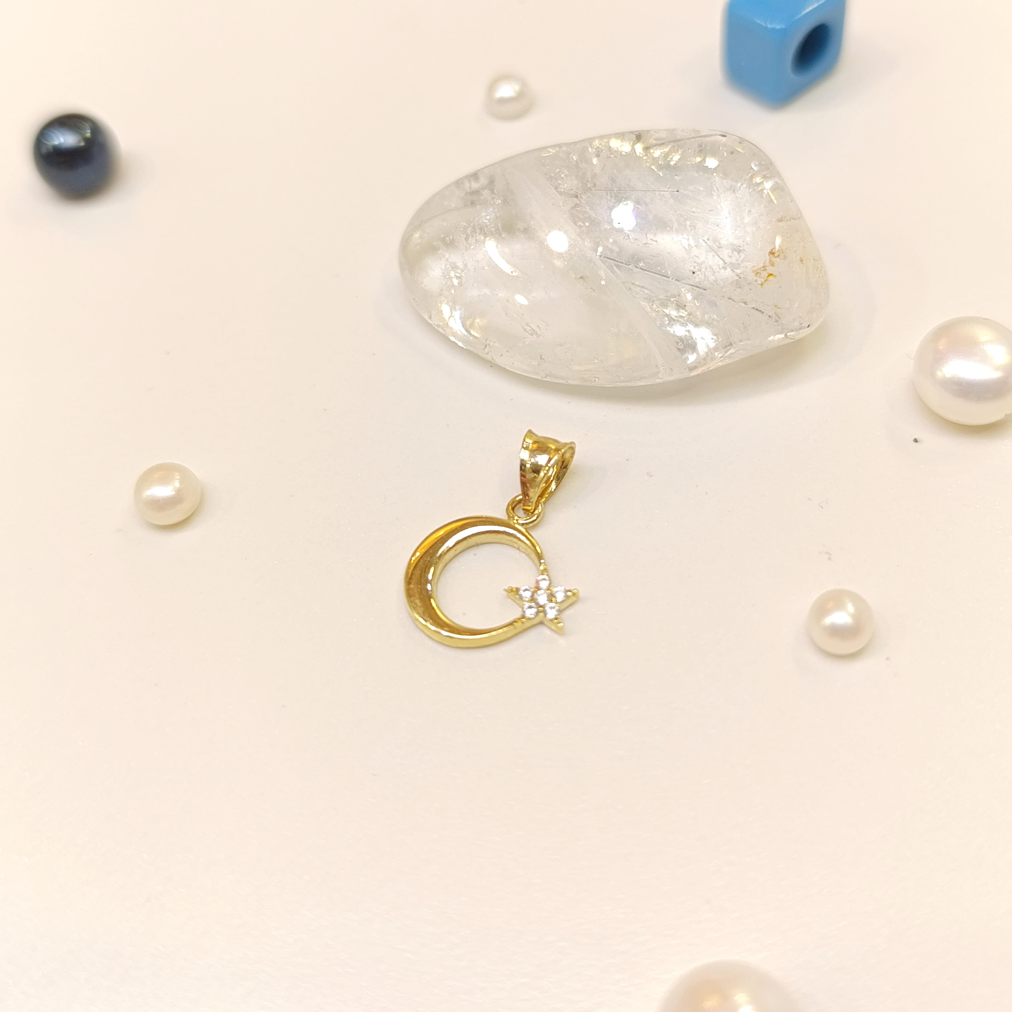 12.4mm Taşlı Ayyıldız Kolye 14 Ayar Altın 4K VİDEOLU