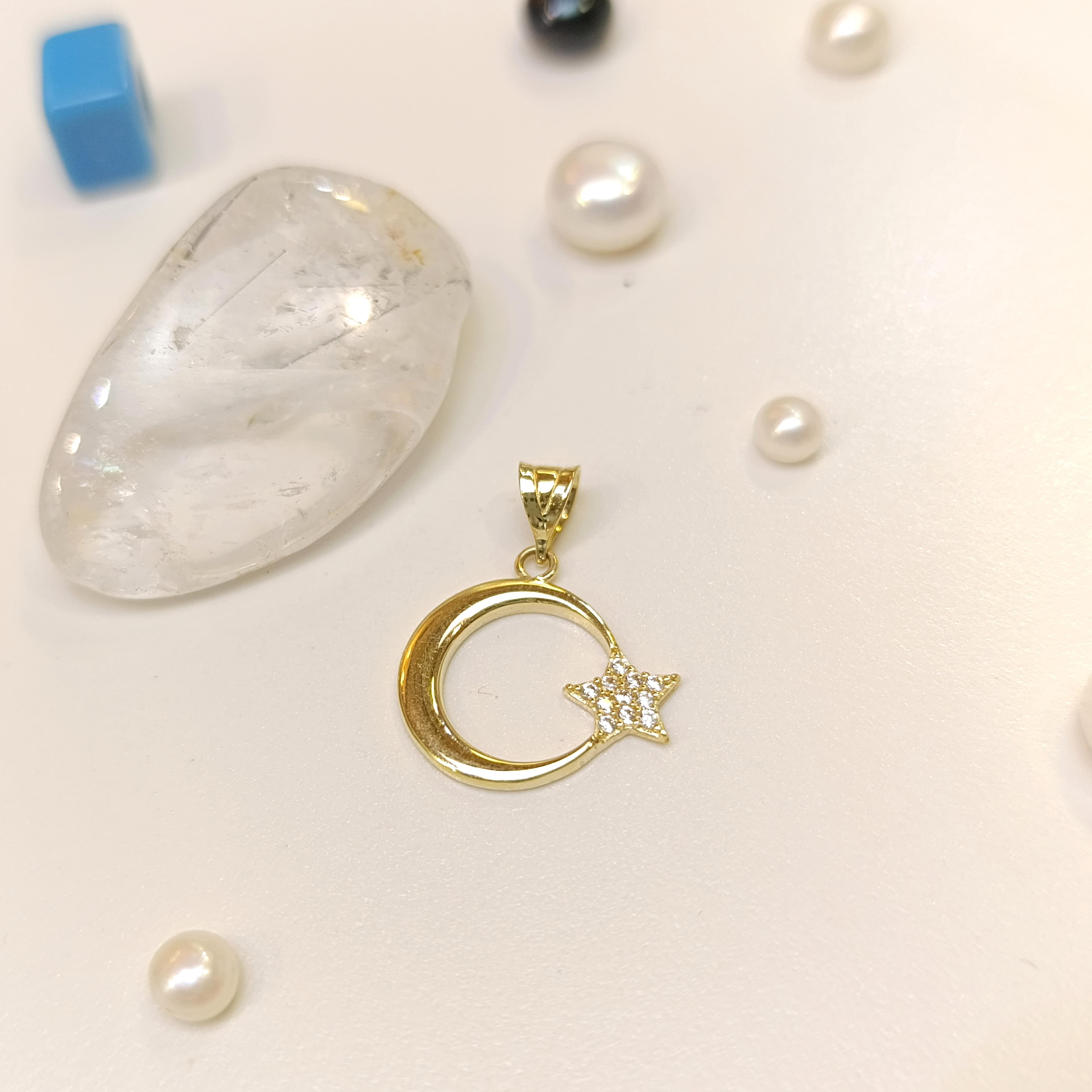 16.6mm Taşlı Ayyıldız Kolye 14 Ayar Altın 4K VİDEOLU