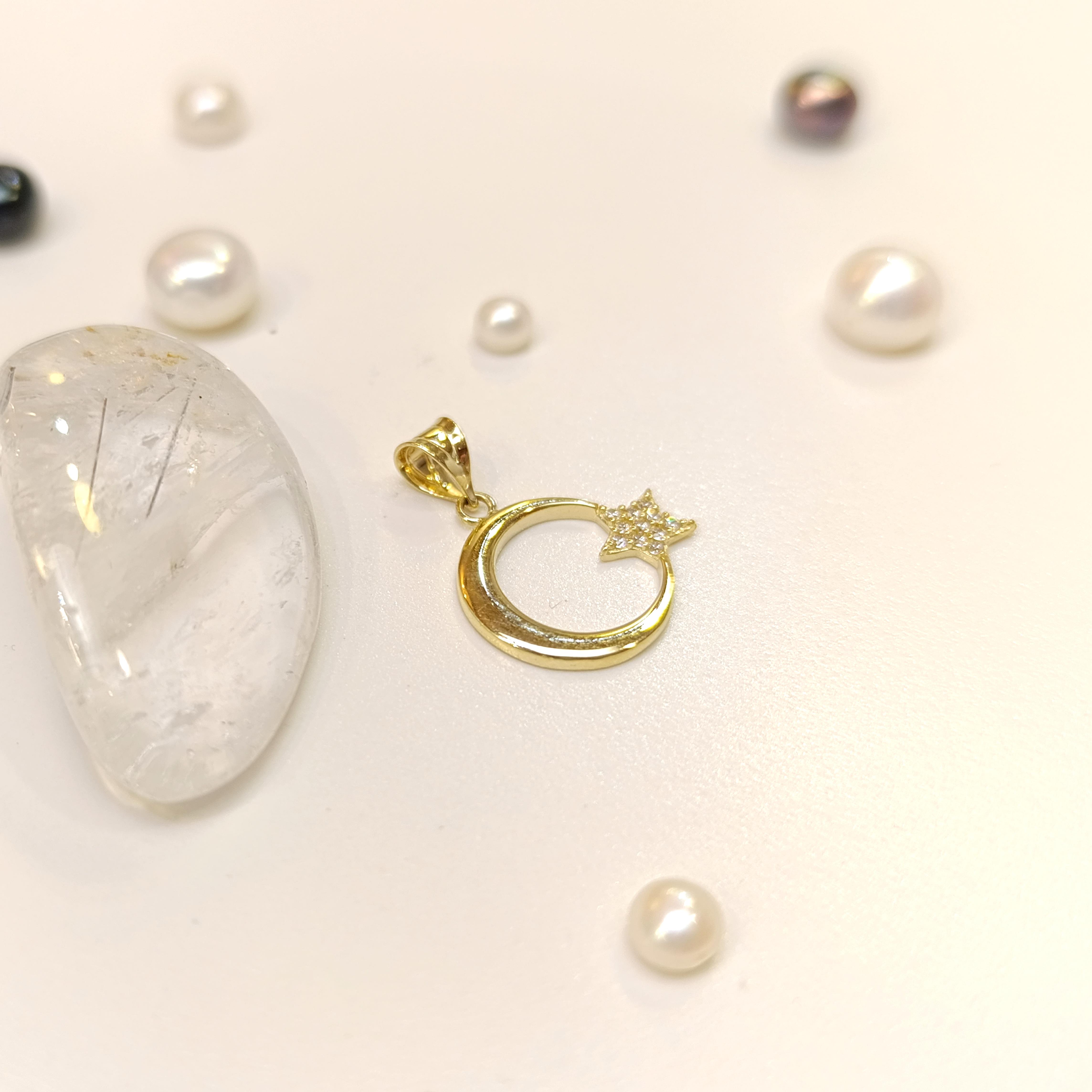 16.6mm Taşlı Ayyıldız Kolye 14 Ayar Altın 4K VİDEOLU