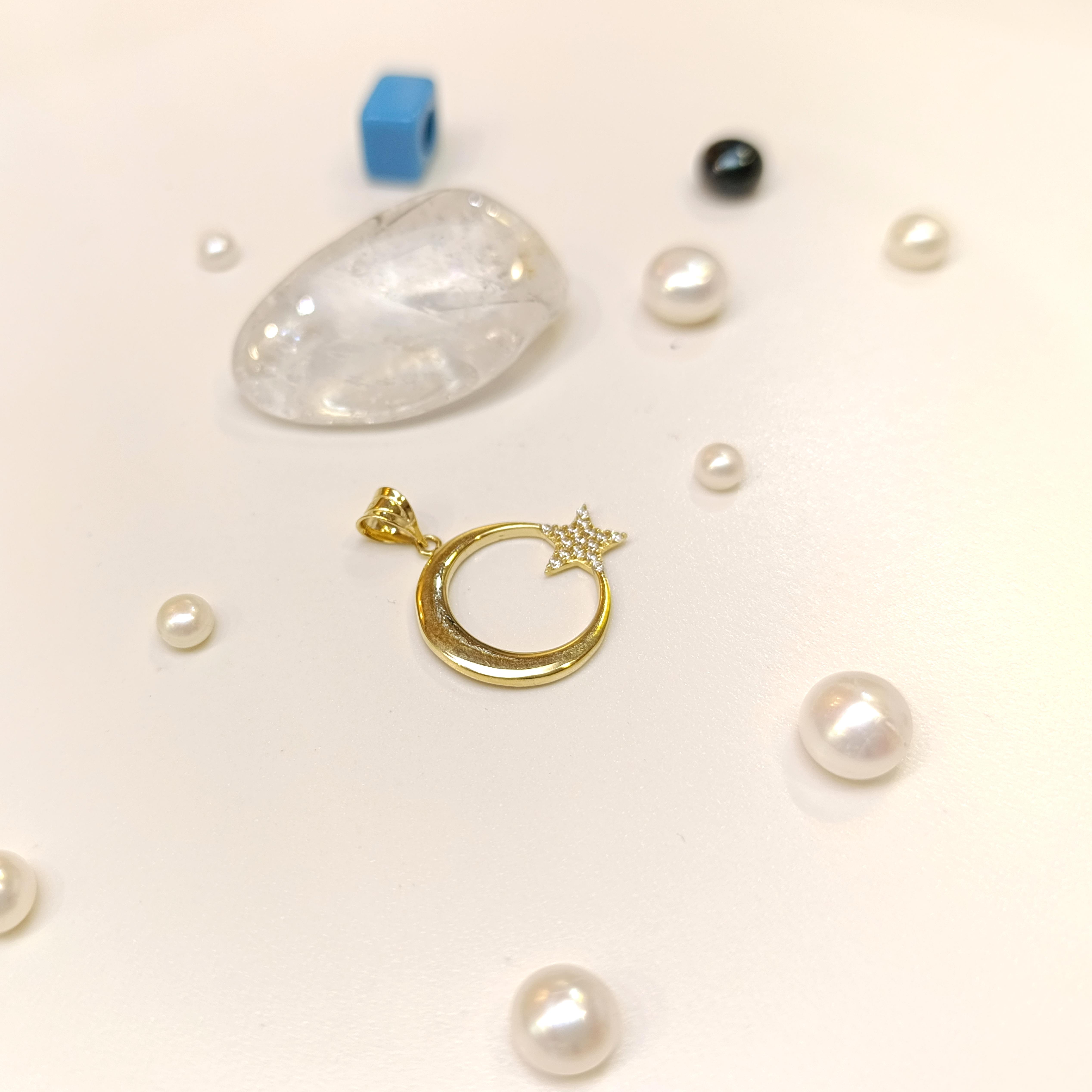 20.3mm Taşlı Ayyıldız Kolye 14 Ayar Altın 4K VİDEOLU