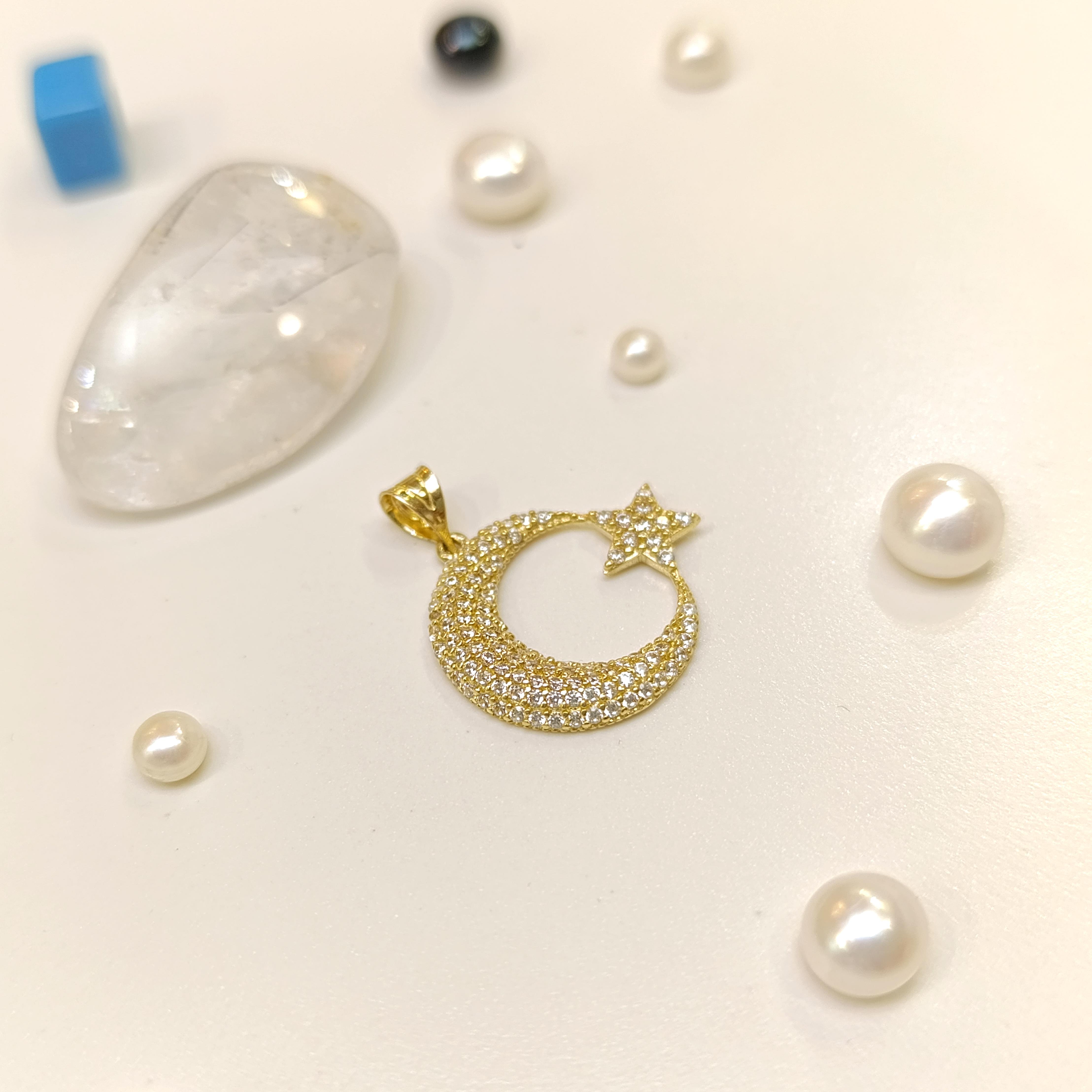 21.8mm Taşlı Ayyıldız Kolye 14 Ayar Altın 4K VİDEOLU