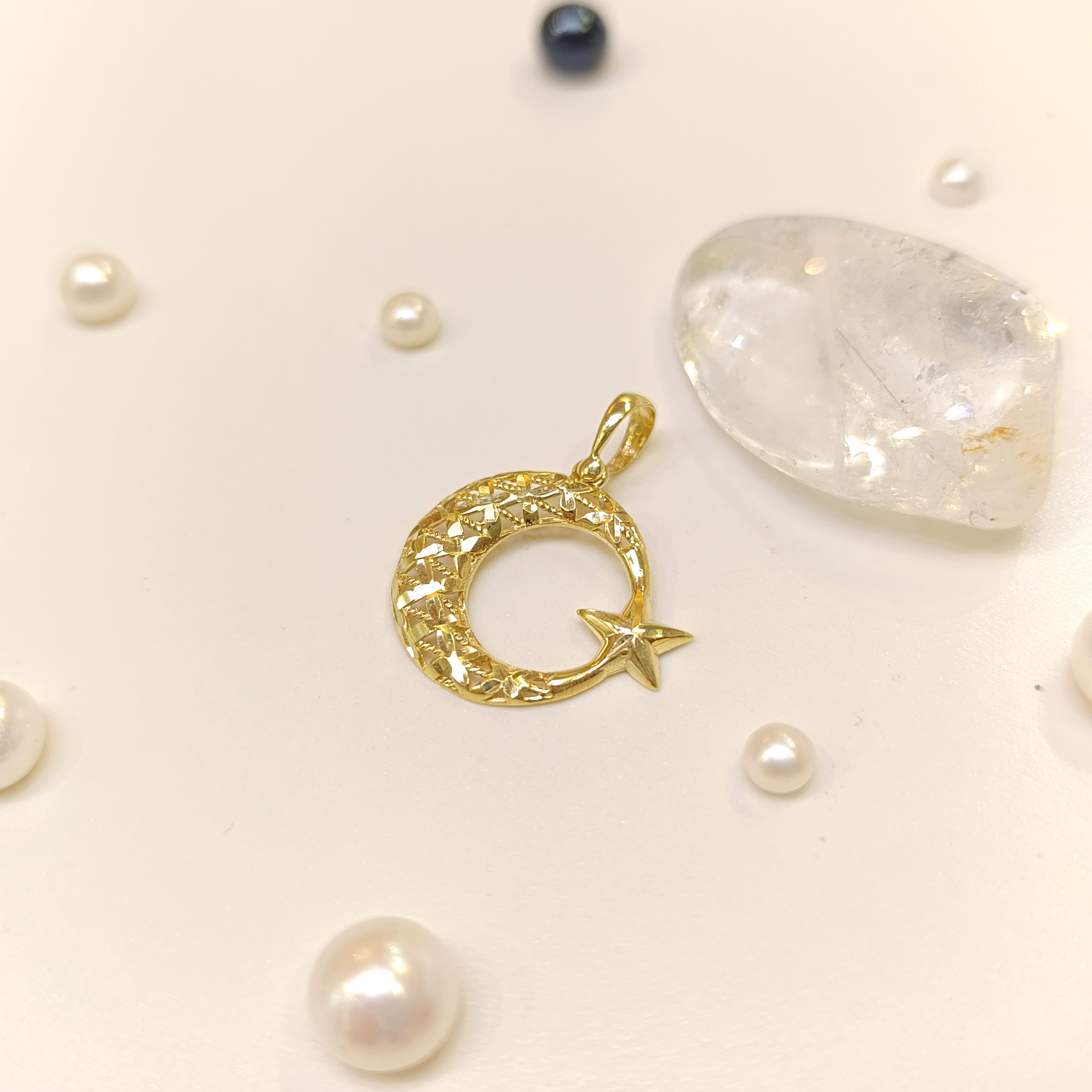 21.3mm Kalemli Ayyıldız Kolye 14 Ayar Altın 4K VİDEOLU