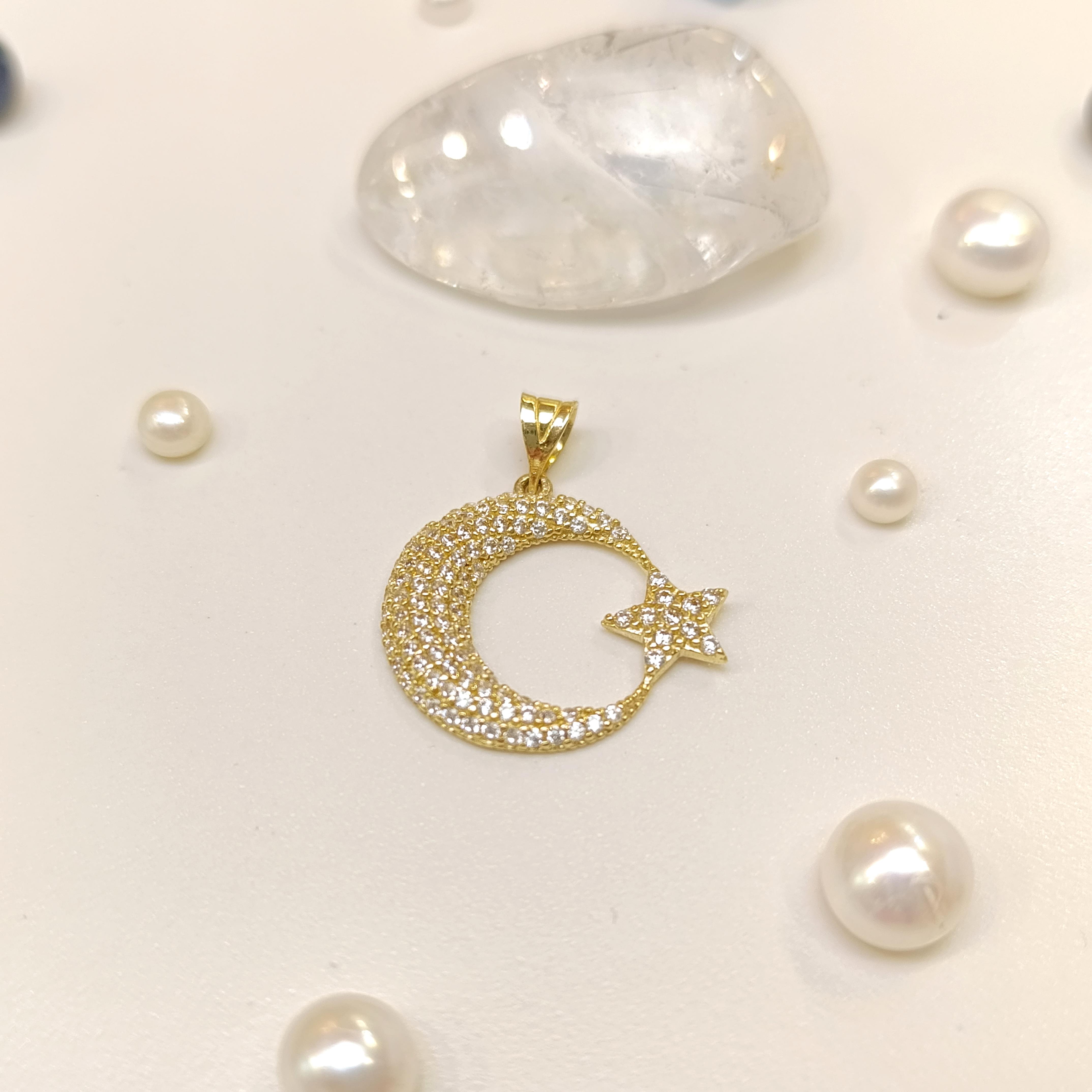 21.8mm Taşlı Ayyıldız Kolye 14 Ayar Altın 4K VİDEOLU