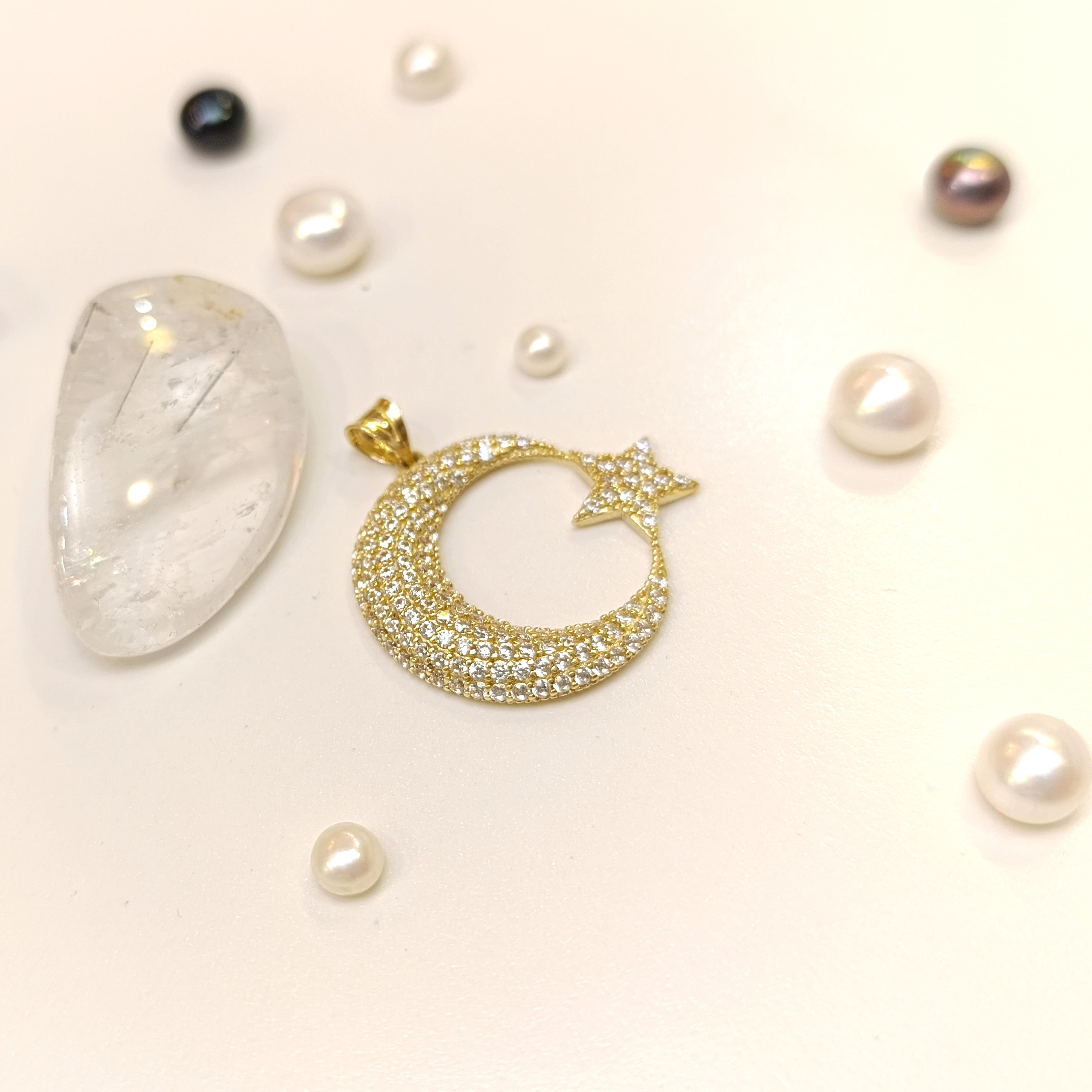 28mm Taşlı Ayyıldız Kolye 14 Ayar Altın 4K VİDEOLU