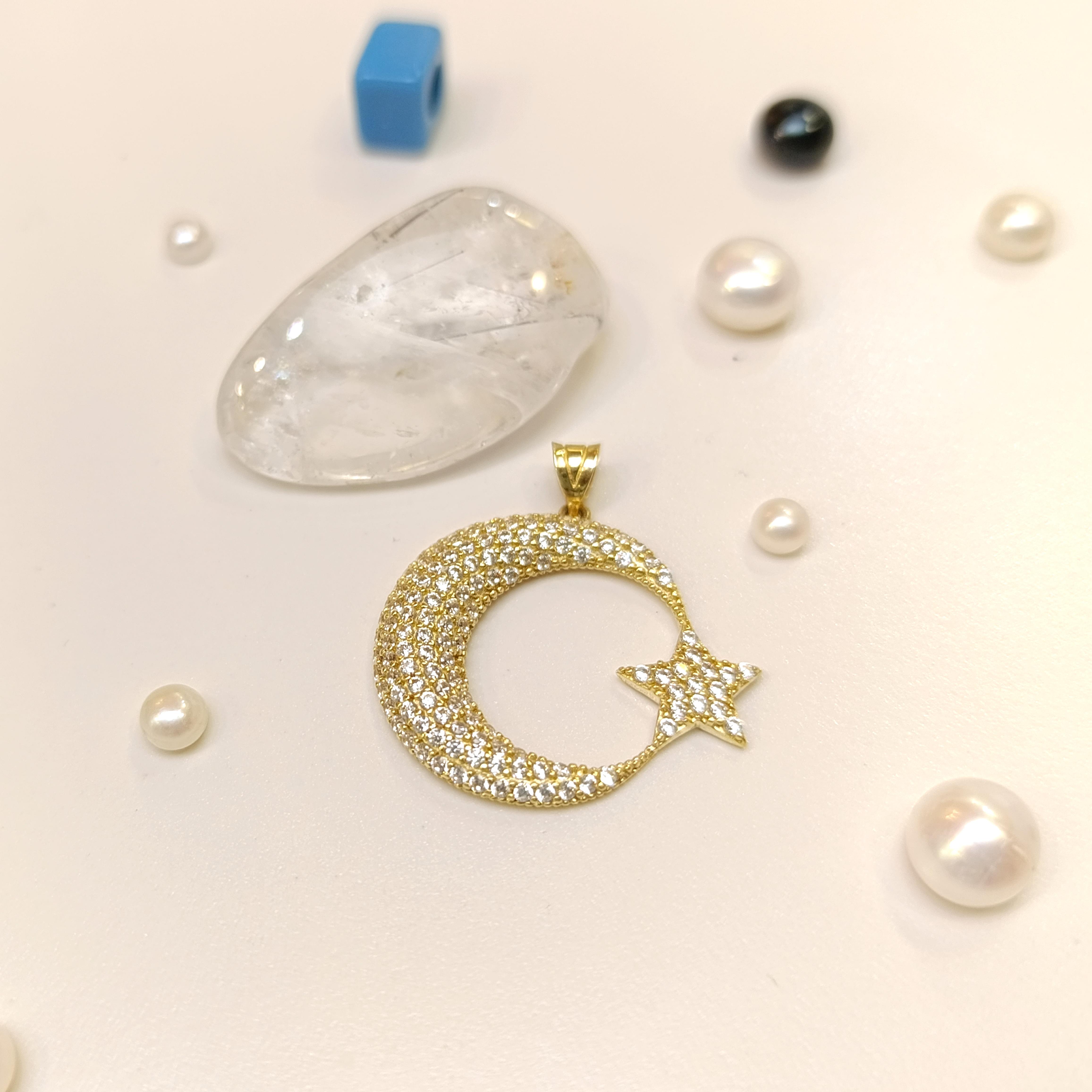 28mm Taşlı Ayyıldız Kolye 14 Ayar Altın 4K VİDEOLU