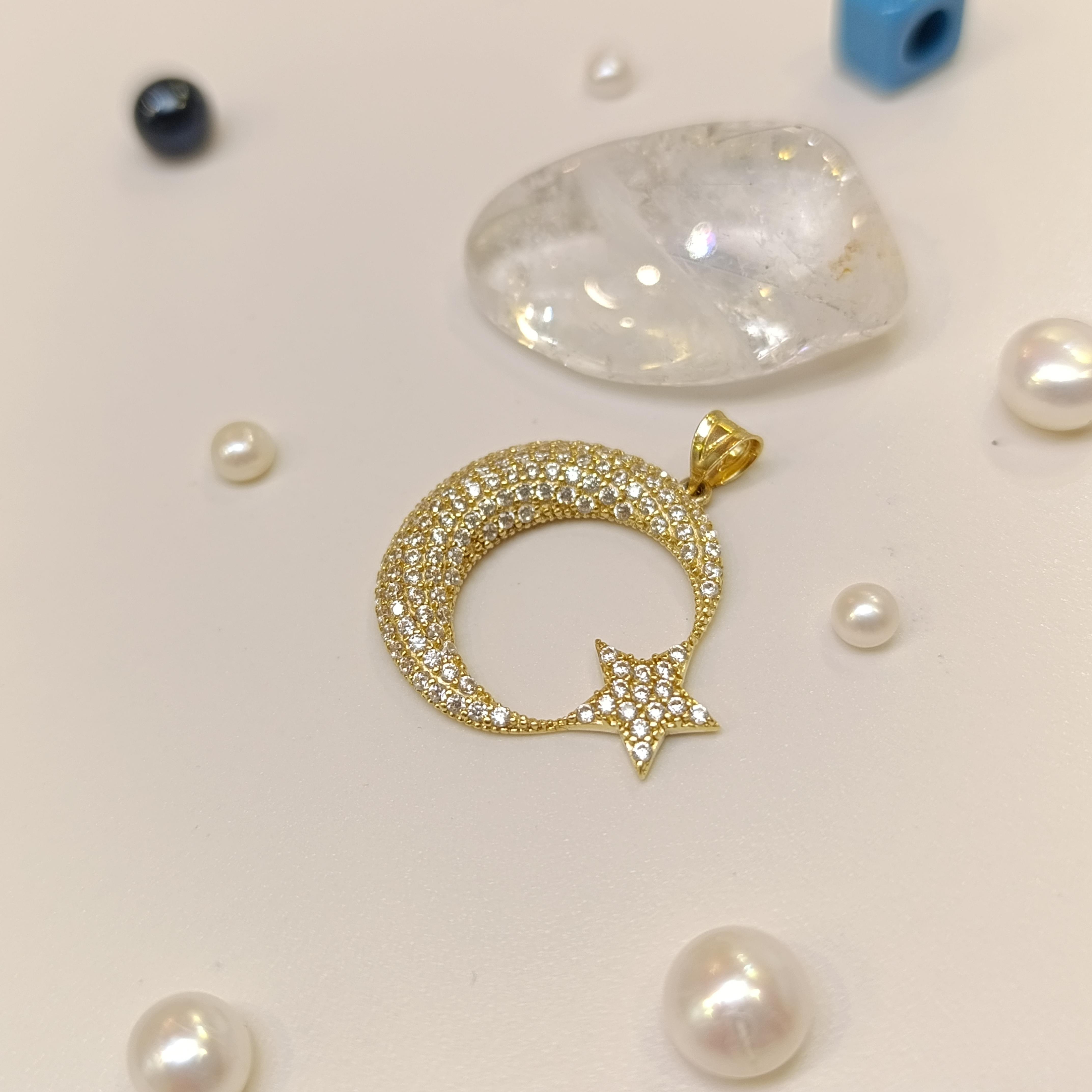 28mm Taşlı Ayyıldız Kolye 14 Ayar Altın 4K VİDEOLU