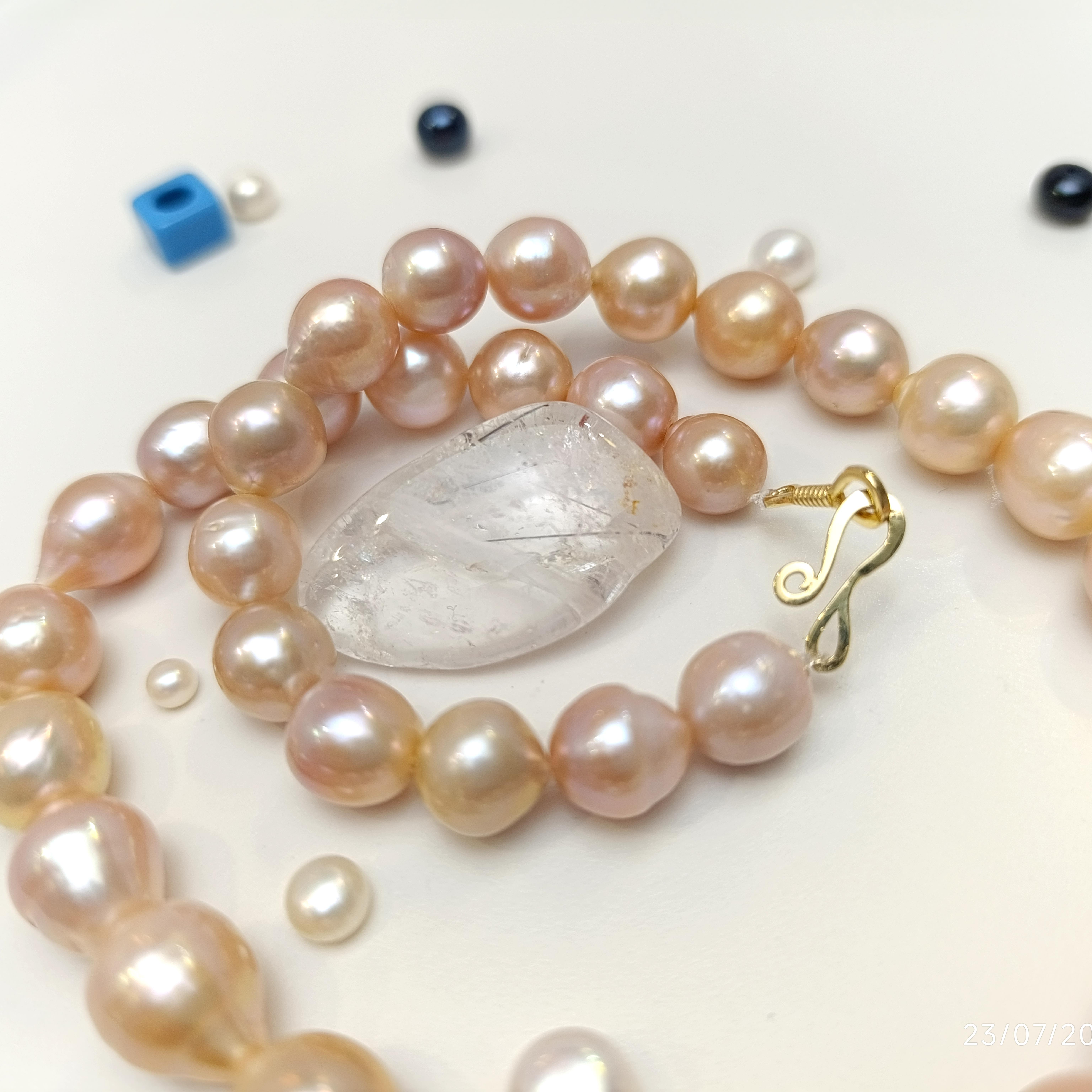 Gerçek Pembe Barok İnci Gerdanlık Kolye 14 Ayar Altın HD VİDEOLU