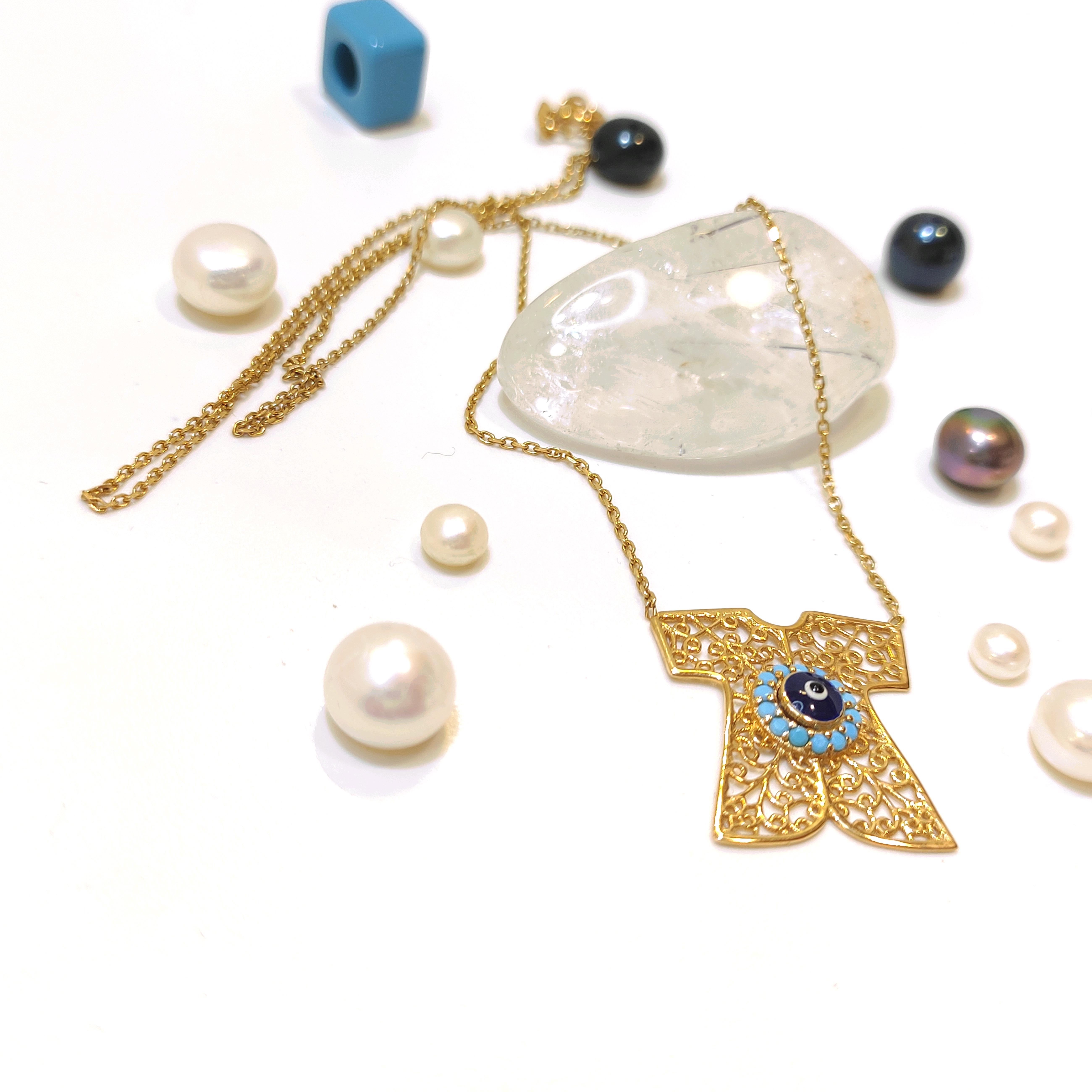 Göz Boncuklu Kaftan Kolye 14 Ayar Altın  HD VİDEOLU