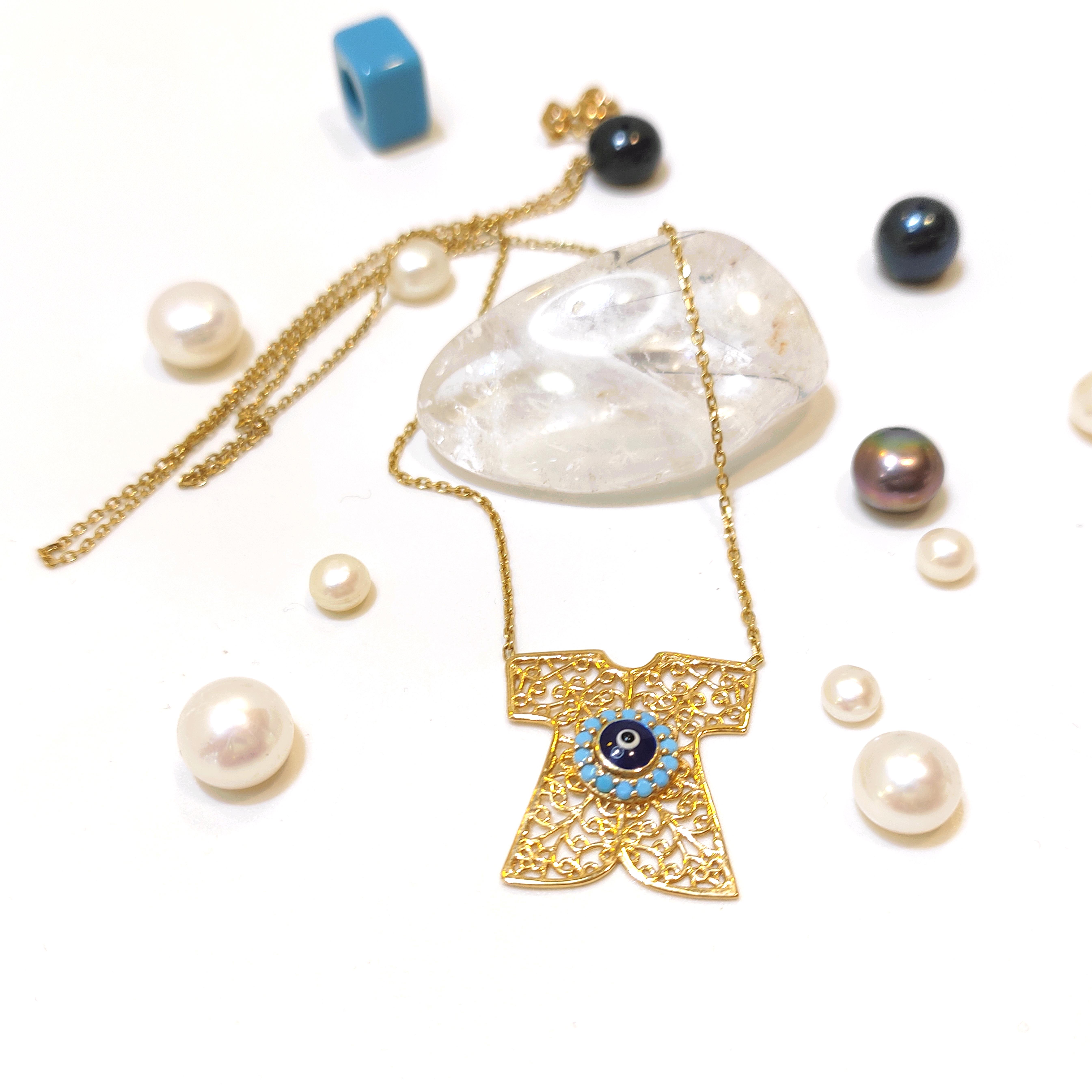 Göz Boncuklu Kaftan Kolye 14 Ayar Altın  HD VİDEOLU