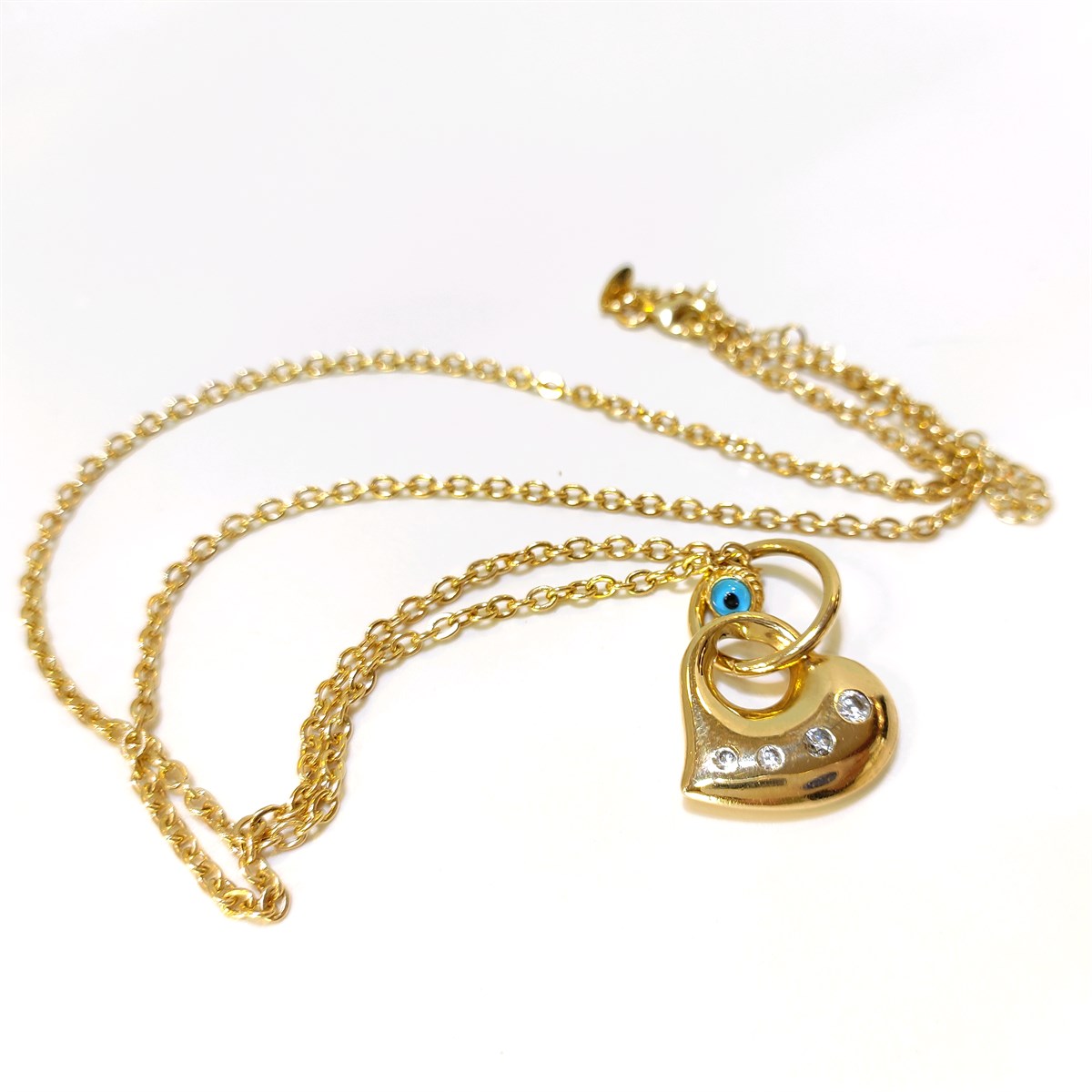 Göz Boncuklu Kalpli Kolye 14 Ayar Altın 4K VİDEOLU