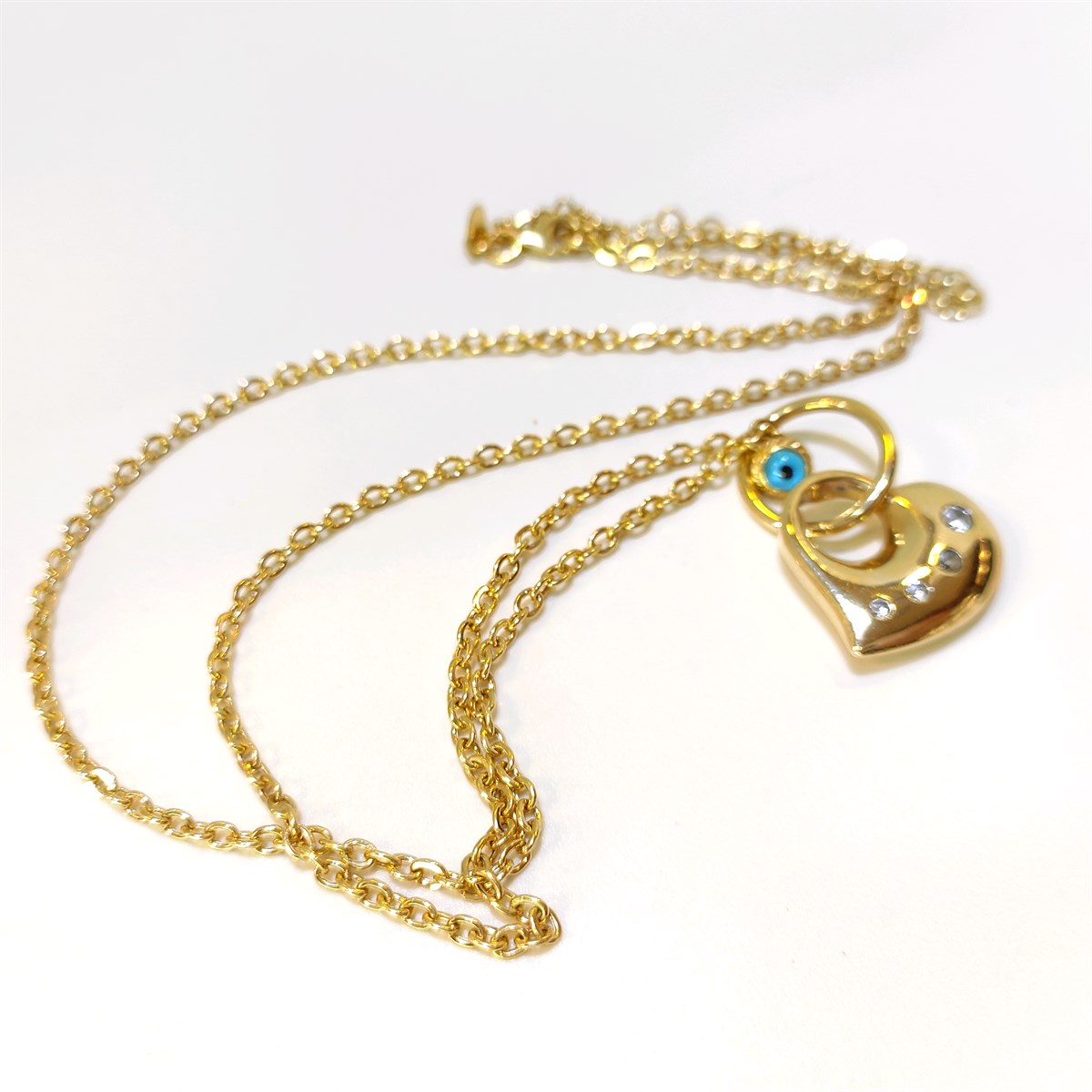 Göz Boncuklu Kalpli Kolye 14 Ayar Altın 4K VİDEOLU