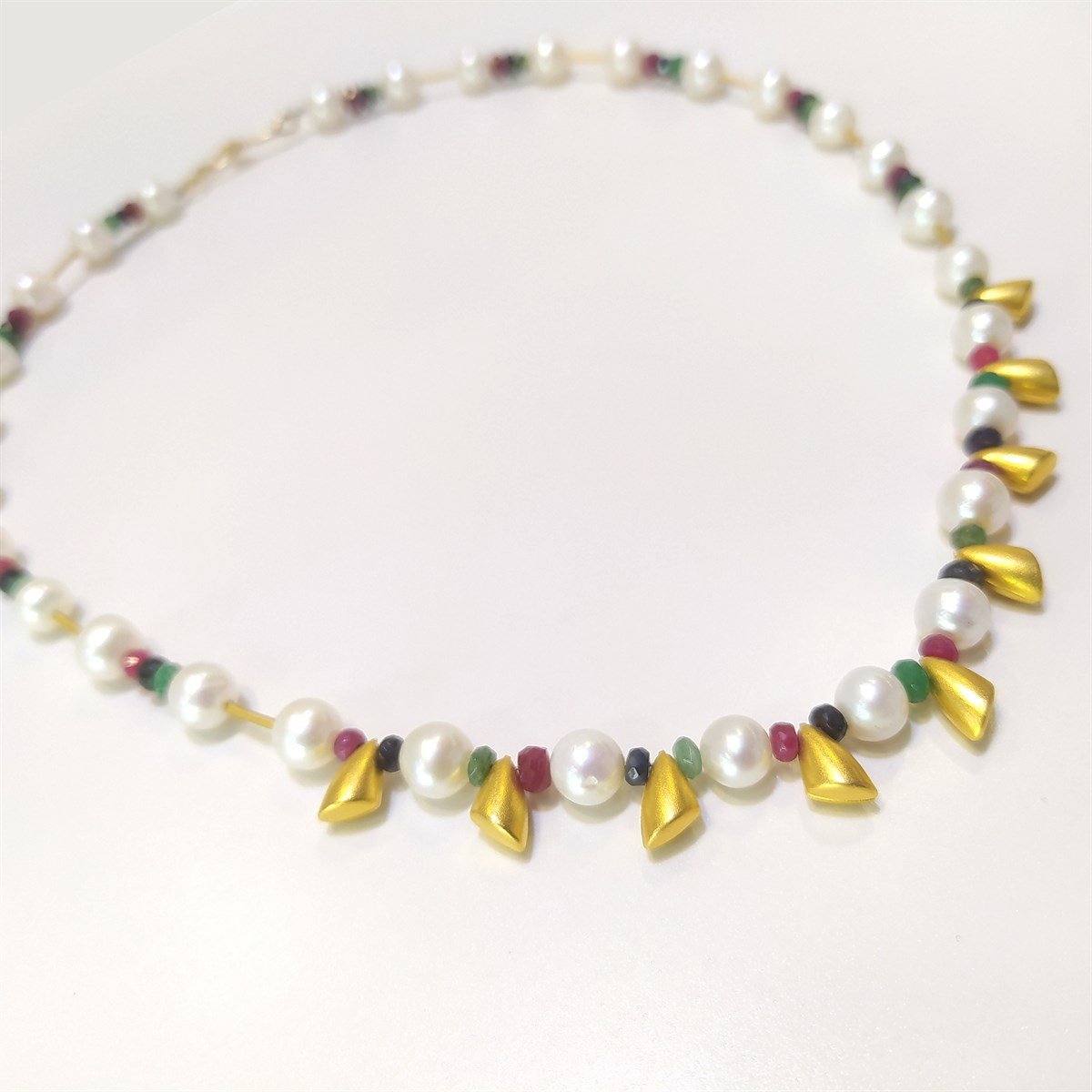 İnci ve Has Taşlı Gerdanlık Kolye 14 Ayar Altın