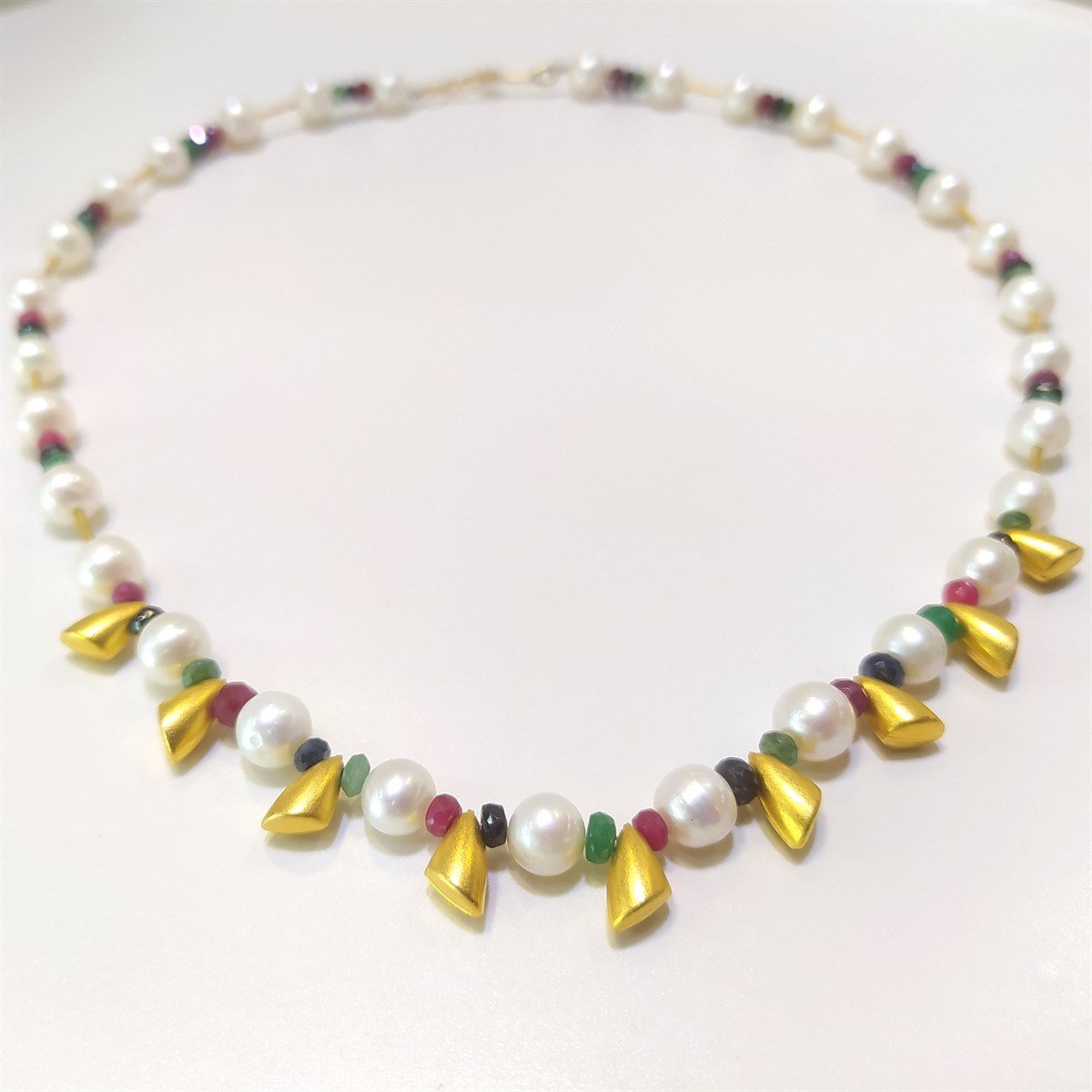 İnci ve Has Taşlı Gerdanlık Kolye 14 Ayar Altın