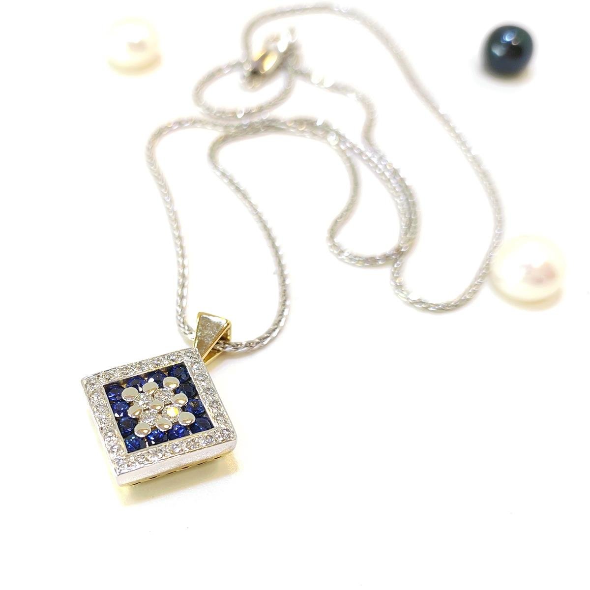 Kare Safir ve Pırlanta Taşlı Kolye 18 Ayar Altın HD VİDEOLU