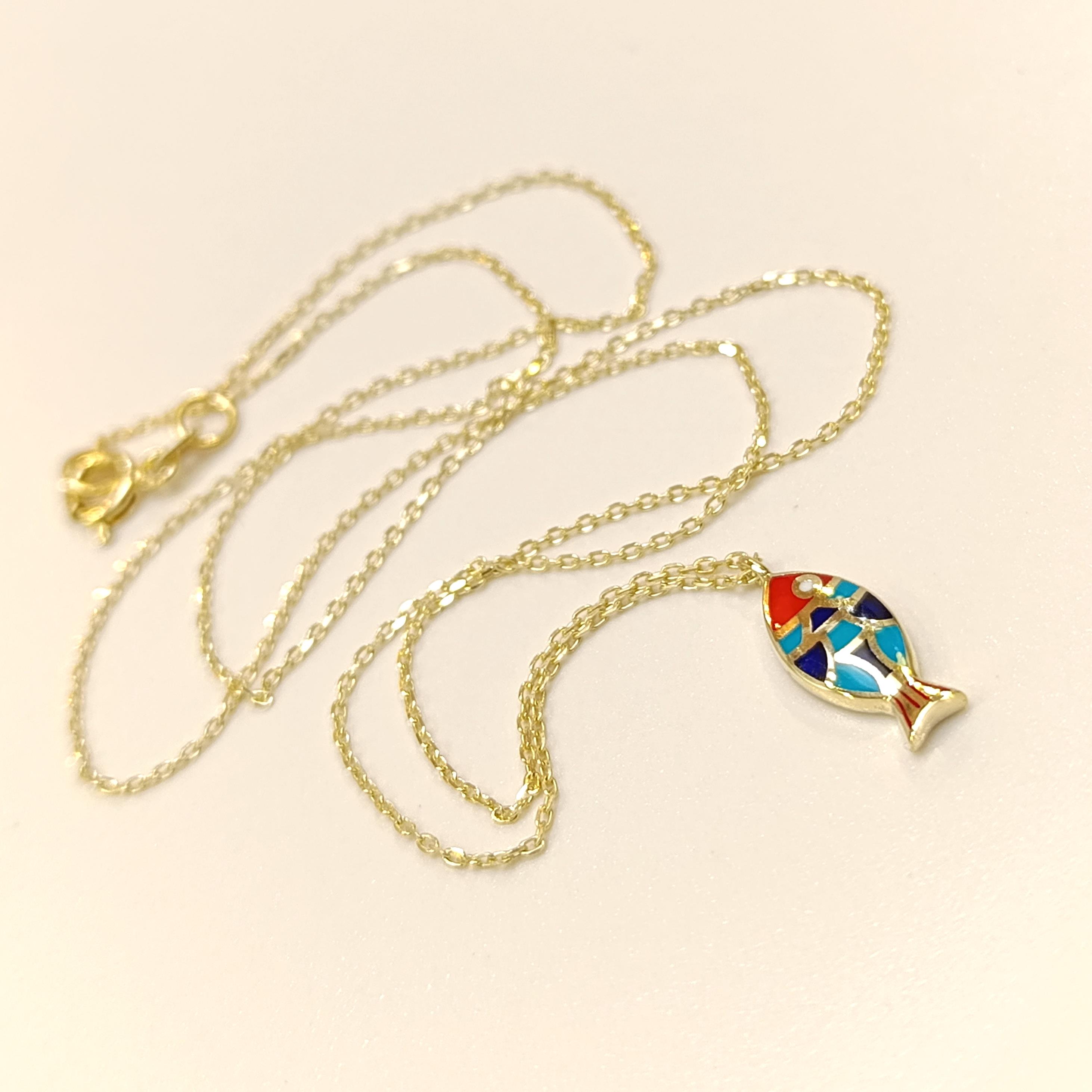 Kilim Desenli Balık Kolye 14 Ayar Altın  HD VİDEOLU