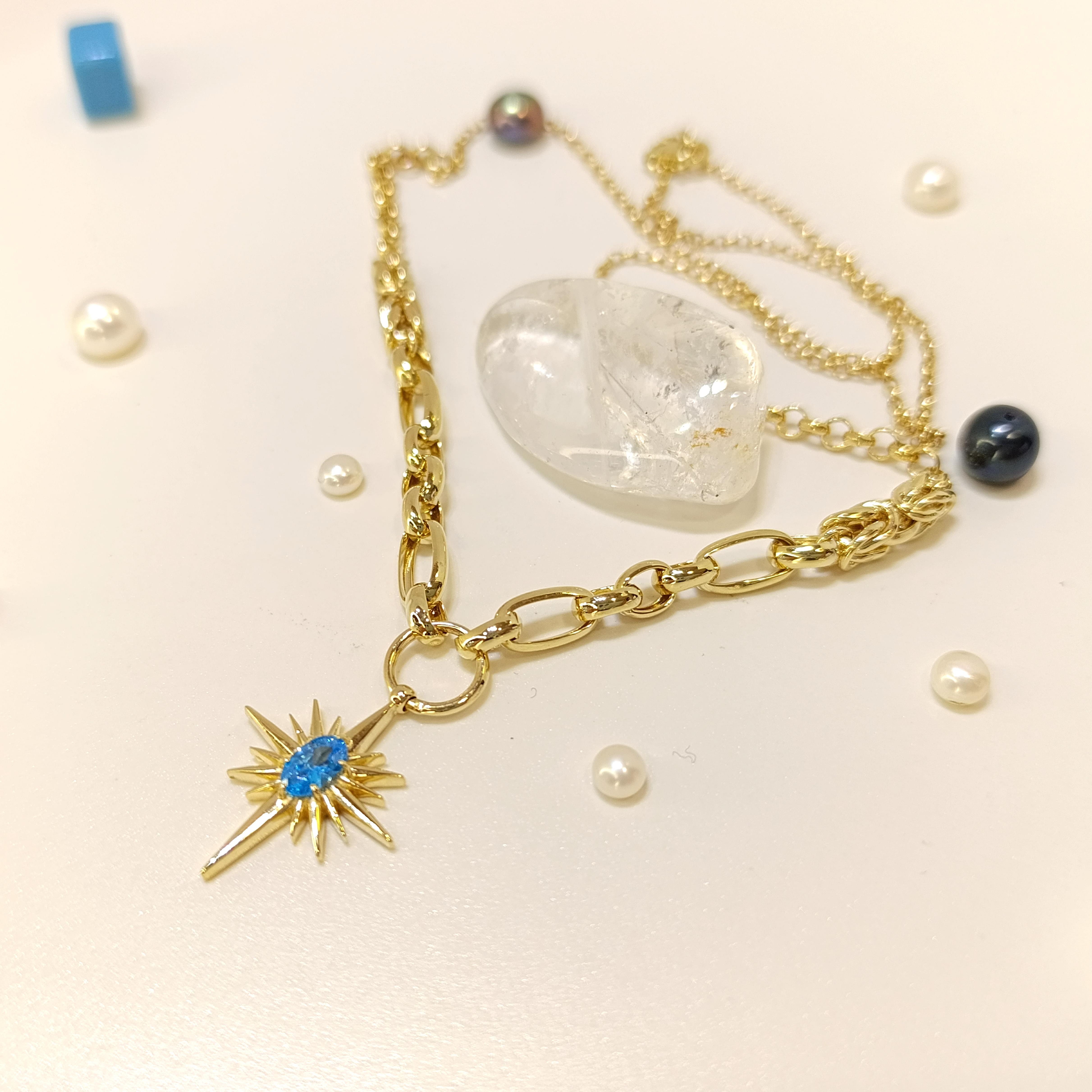 Mavi Taşlı Kuzey Yıldızı Gerdanlık Kolye Altın HD VİDEOLU