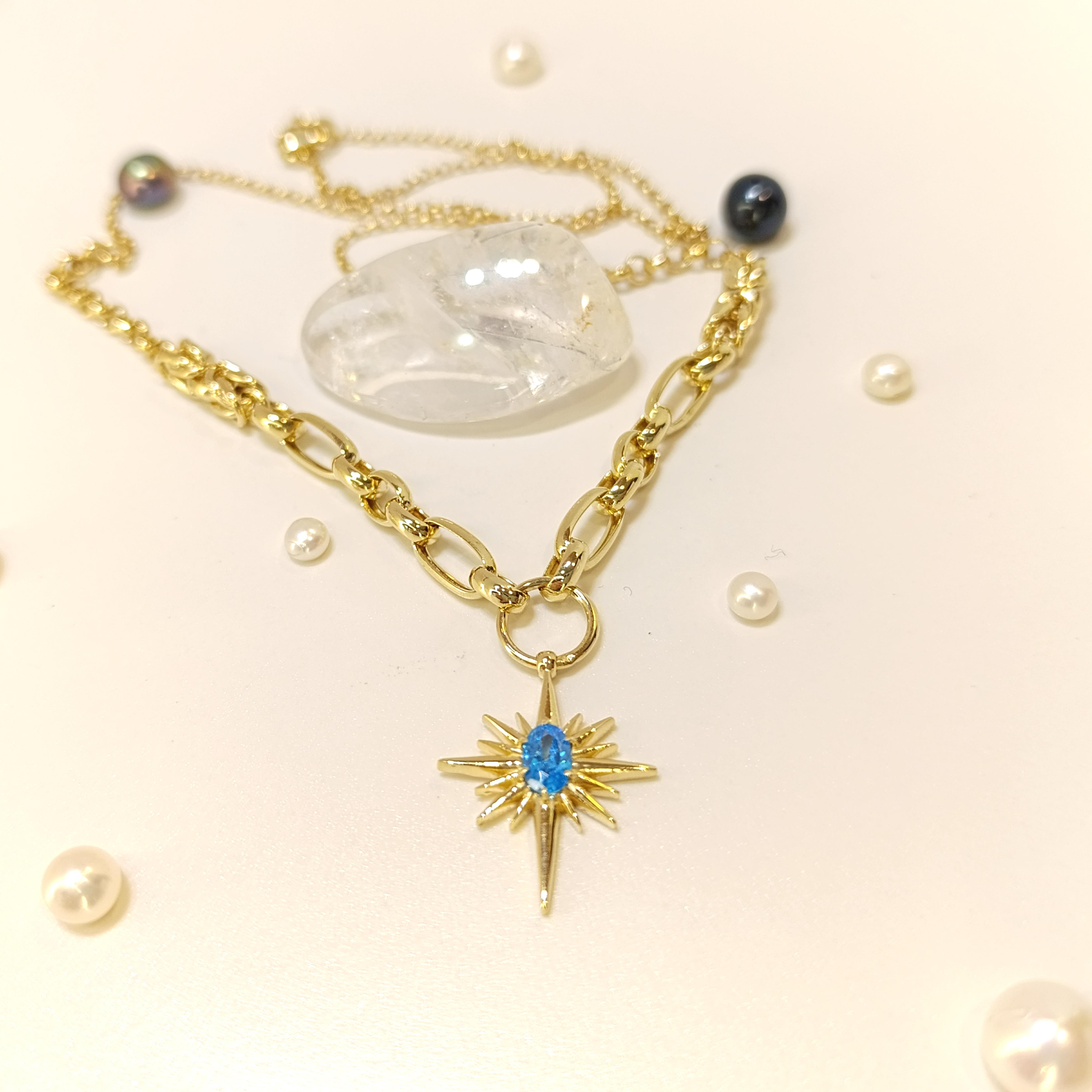 Mavi Taşlı Kuzey Yıldızı Gerdanlık Kolye Altın HD VİDEOLU