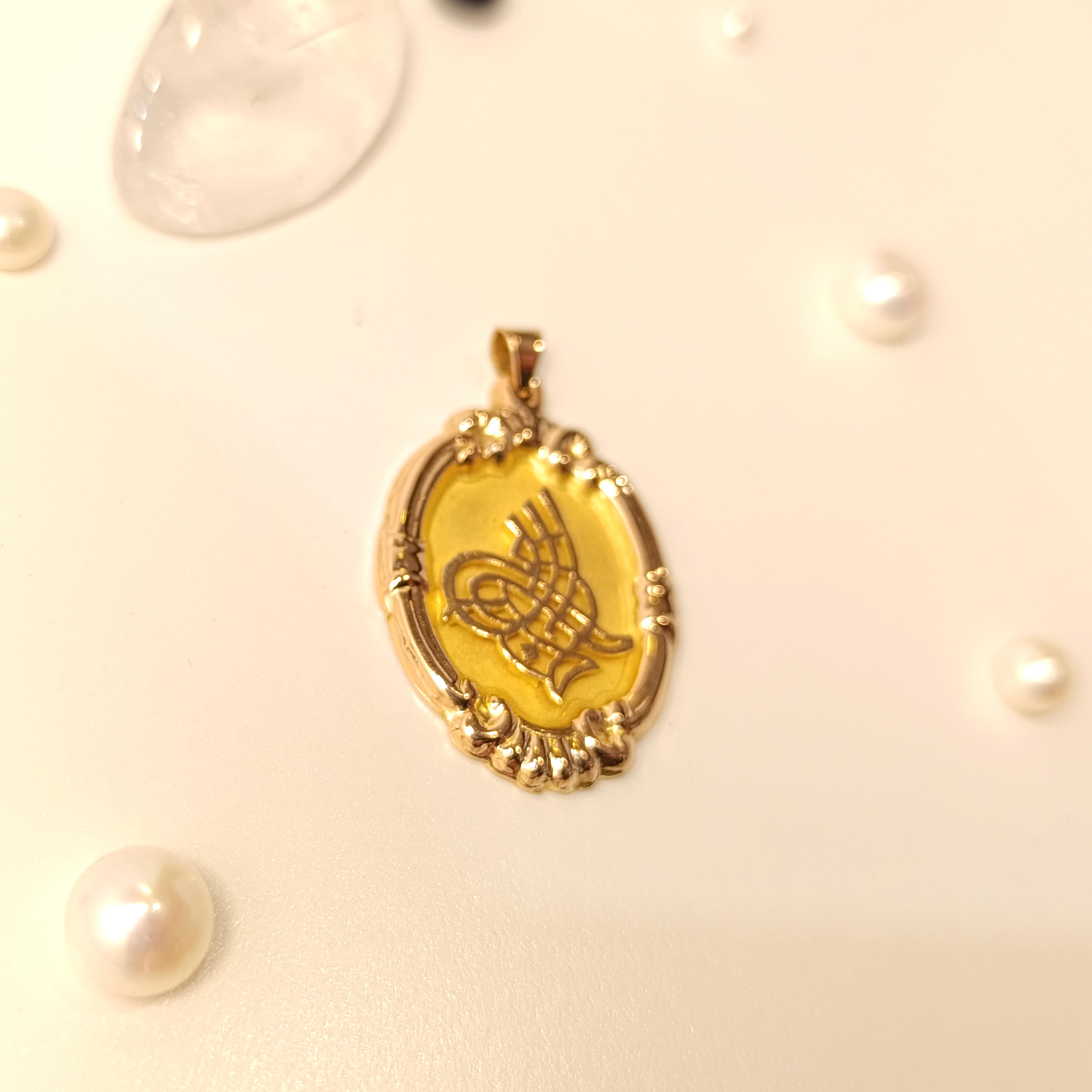 Oval Tuğralı Kolye 14 Ayar  Altın HD VİDEOLU