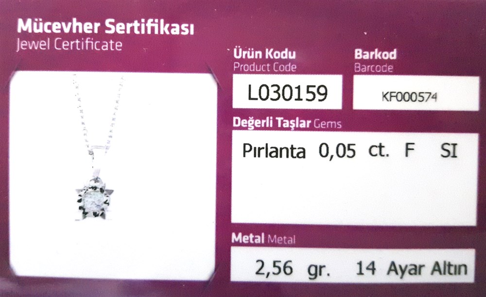 Pırlanta Taşlı Kolye 0,05ct F SI 2,56gr 14K Altın