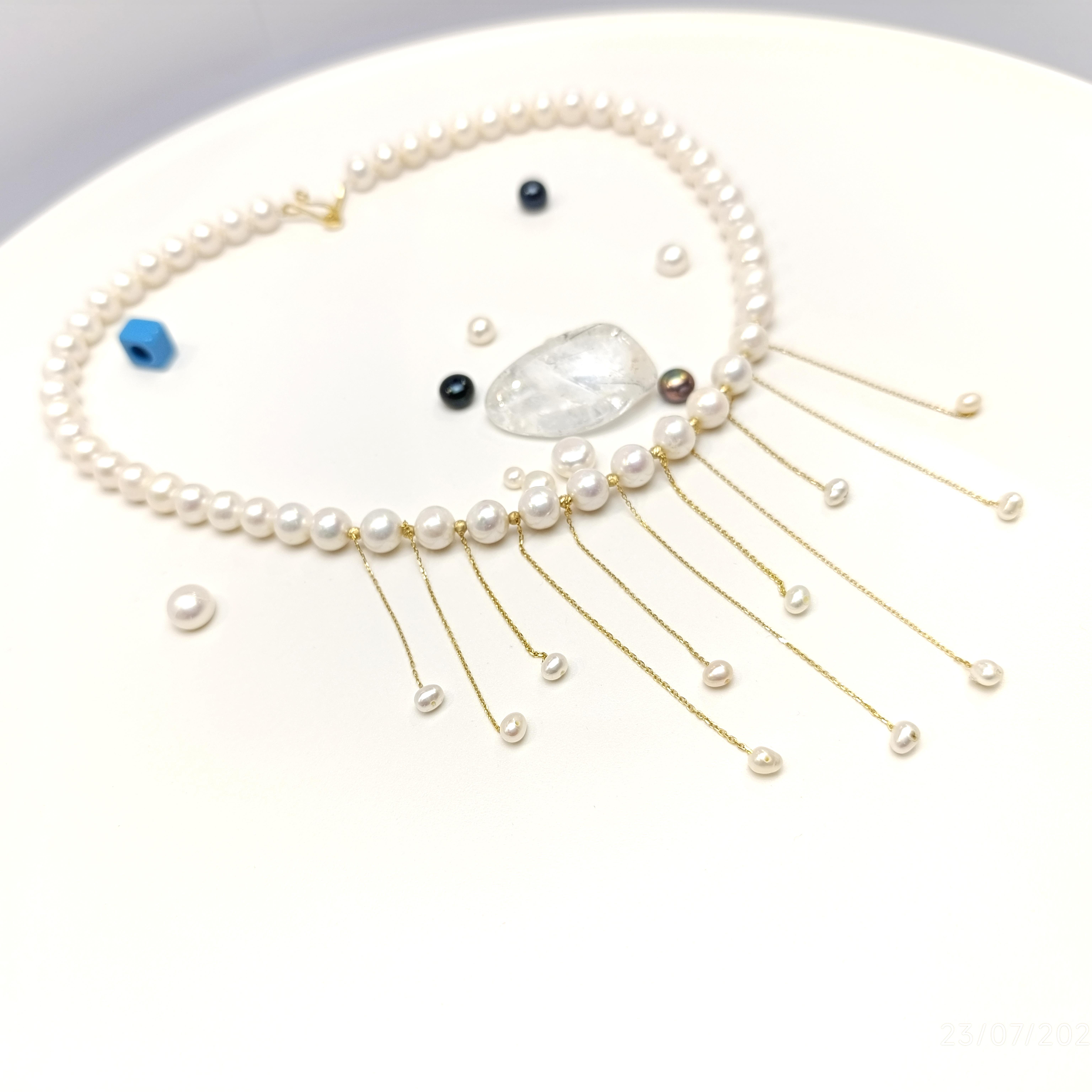 Püsküllü Dorika Toplu Gerçek İncili Gerdanlık Kolye 14 Ayar Altın HD VİDEOLU