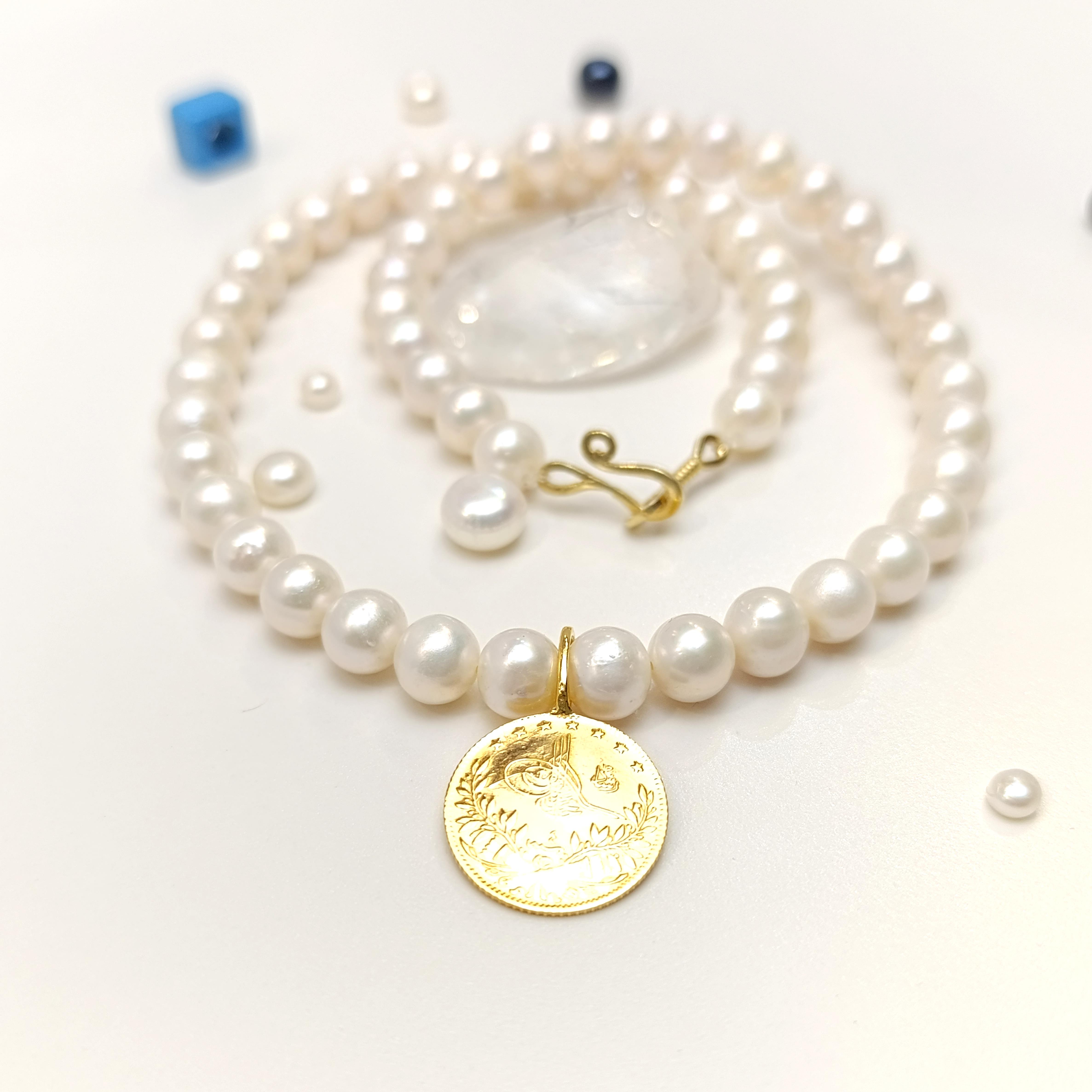 Reşat Yarım Altınlı Gerçek İnci Gerdanlık Kolye 14 Ayar Altın HD VİDEOLU