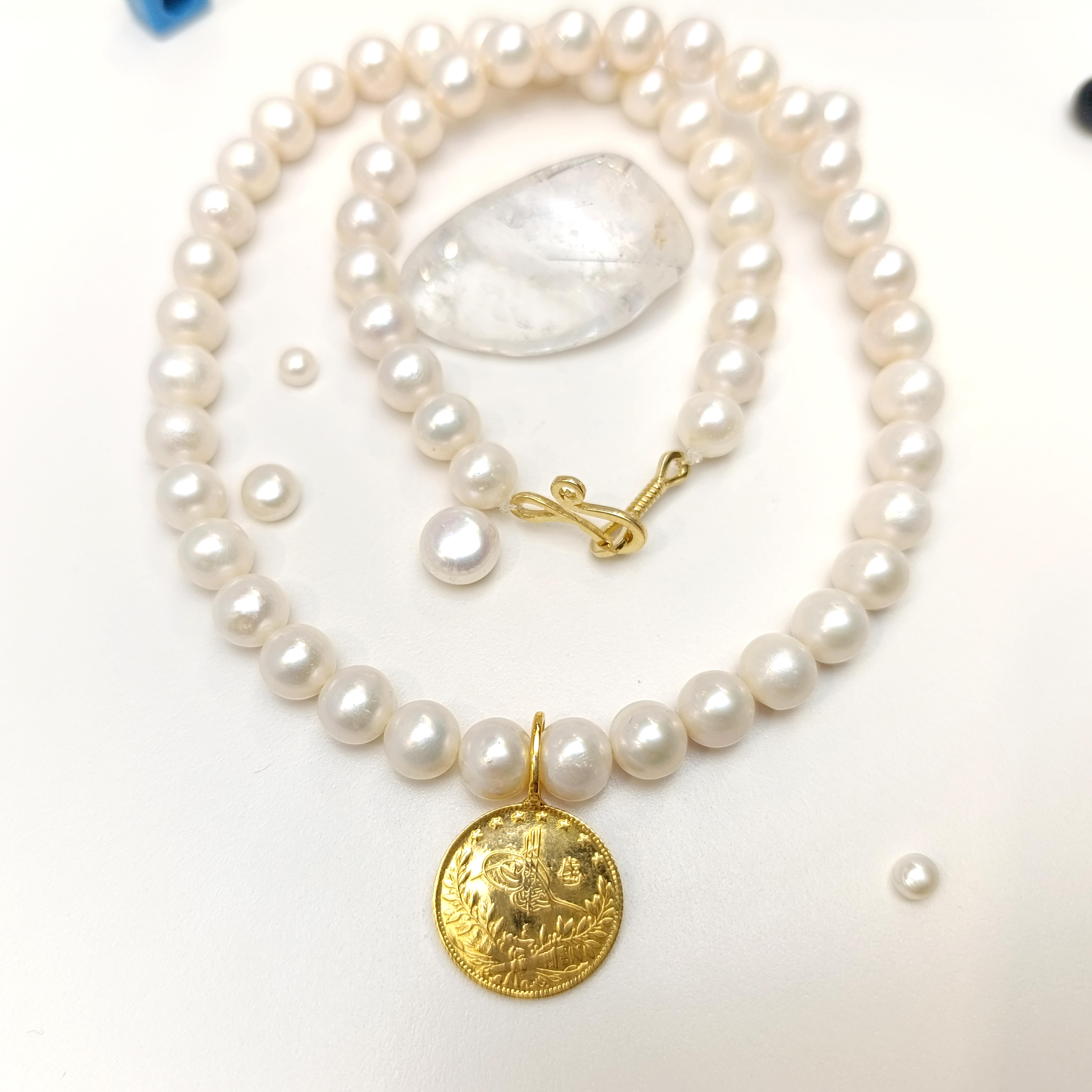 Reşat Yarım Altınlı Gerçek İnci Gerdanlık Kolye 14 Ayar Altın HD VİDEOLU