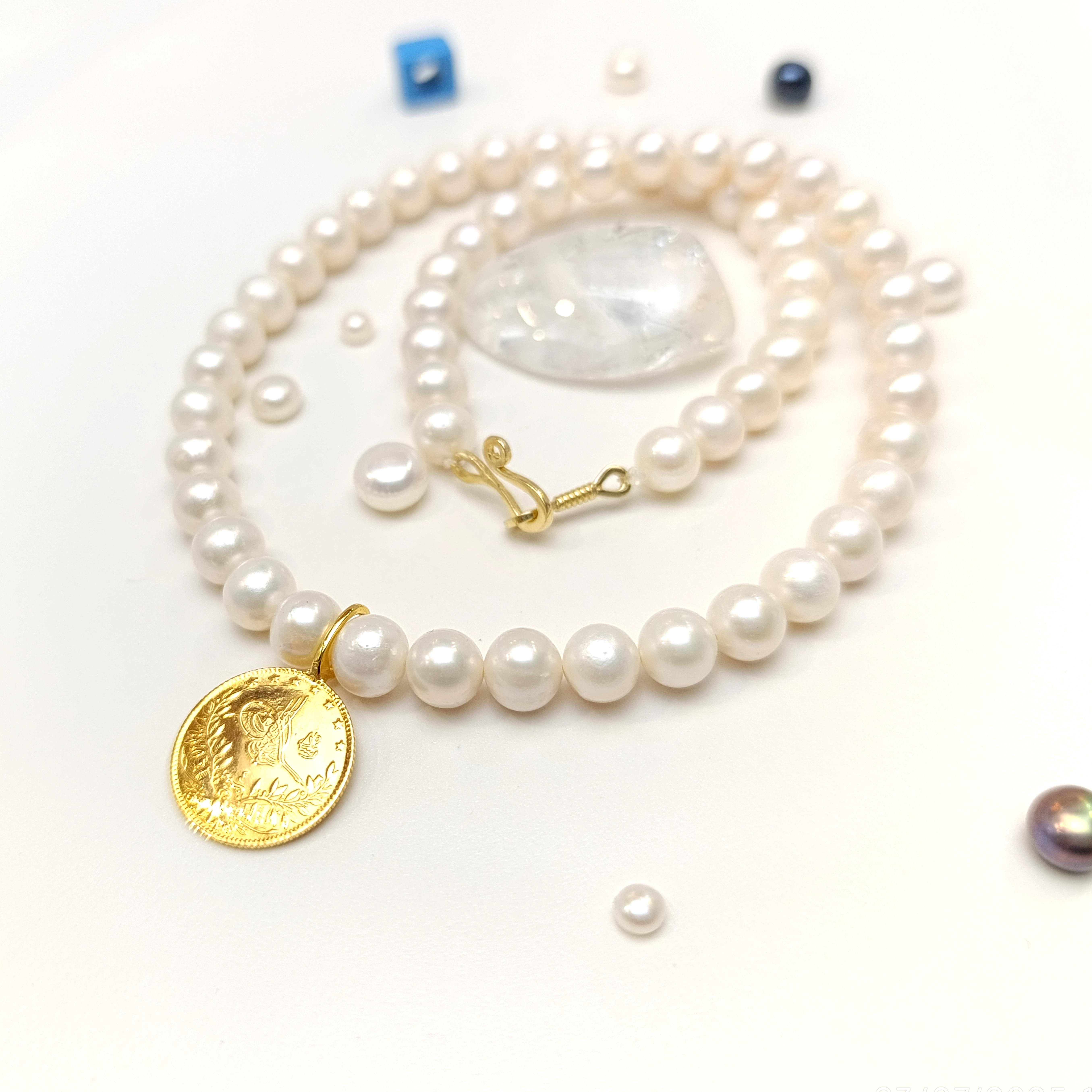 Reşat Yarım Altınlı Gerçek İnci Gerdanlık Kolye 14 Ayar Altın HD VİDEOLU