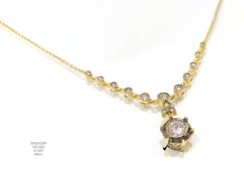 Tek Taş Su Yolu Gerdanlık Kolye 14 Ayar Altın