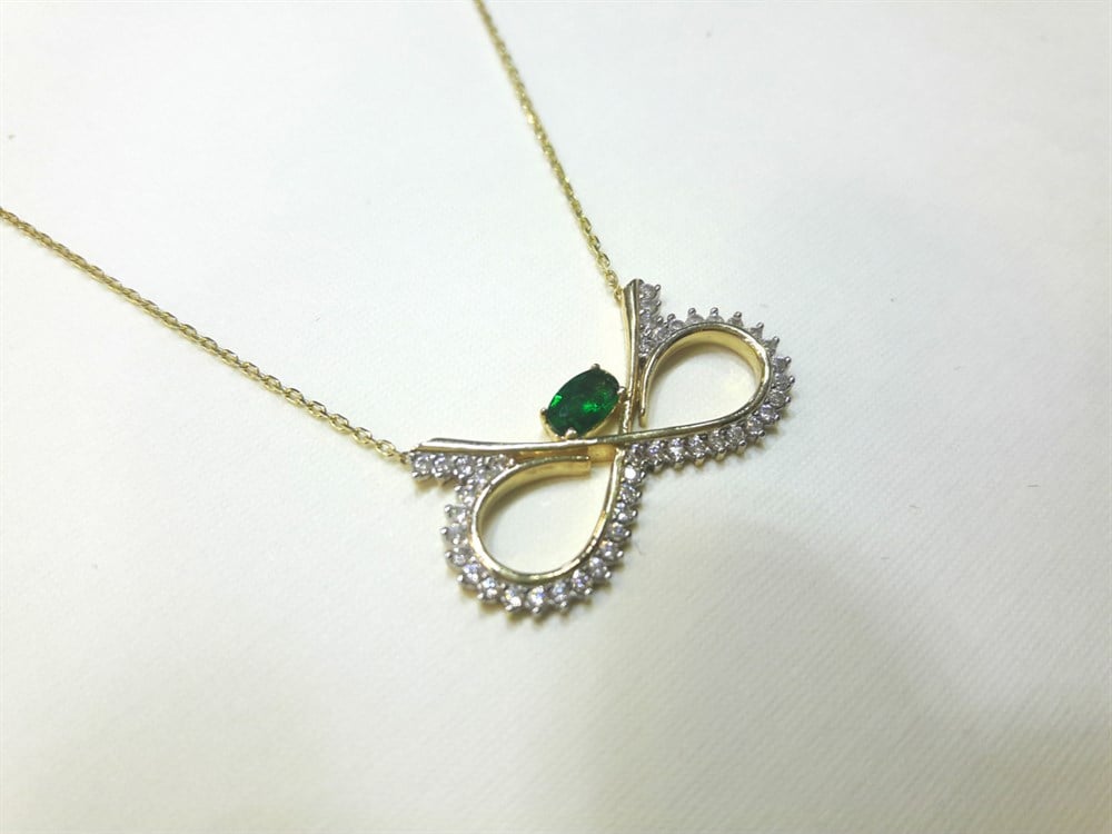 Yeşil Taşlı Sonsuzluk Kolye 14 Ayar altın