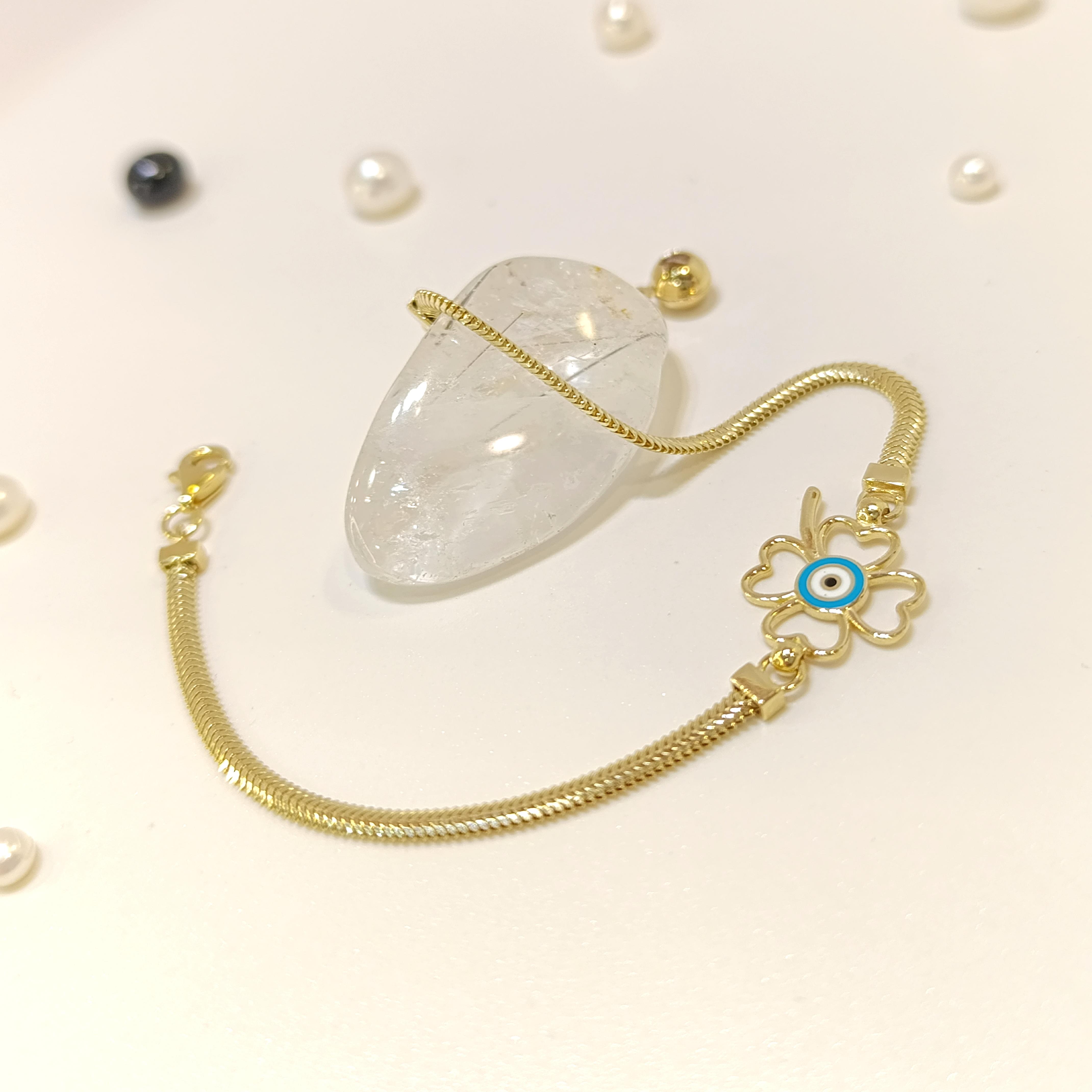 Göz Boncuklu Yonca Bileklik Künye 14 Ayar Altın HD VİDEOLU