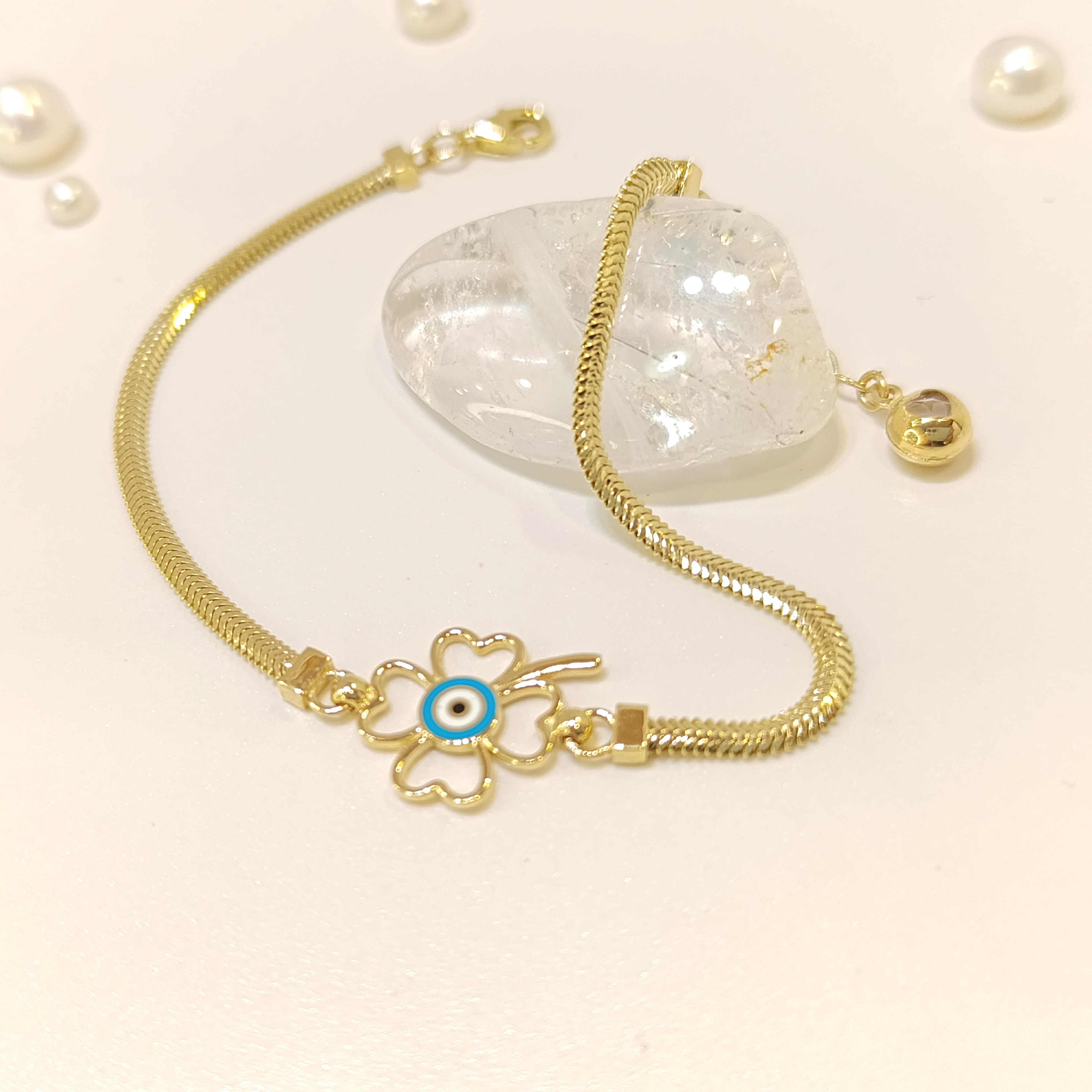 Göz Boncuklu Yonca Bileklik Künye 14 Ayar Altın HD VİDEOLU