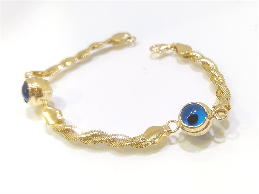 İki Göz Boncuklu Balık Sırtı Zincirli Bileklik Künye 14 Ayar Altın