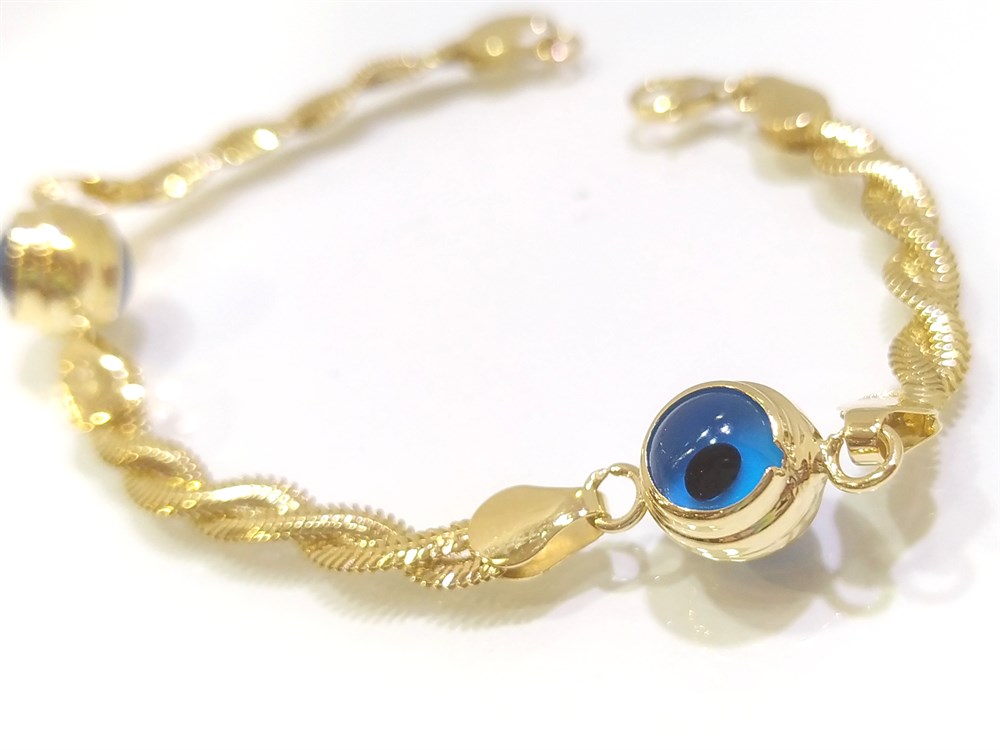 İki Göz Boncuklu Balık Sırtı Zincirli Bileklik Künye 14 Ayar Altın