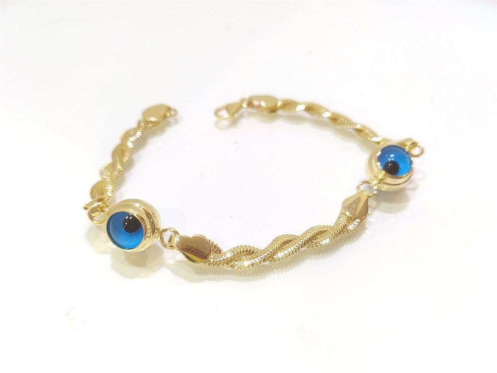 İki Göz Boncuklu Balık Sırtı Zincirli Bileklik Künye 14 Ayar Altın