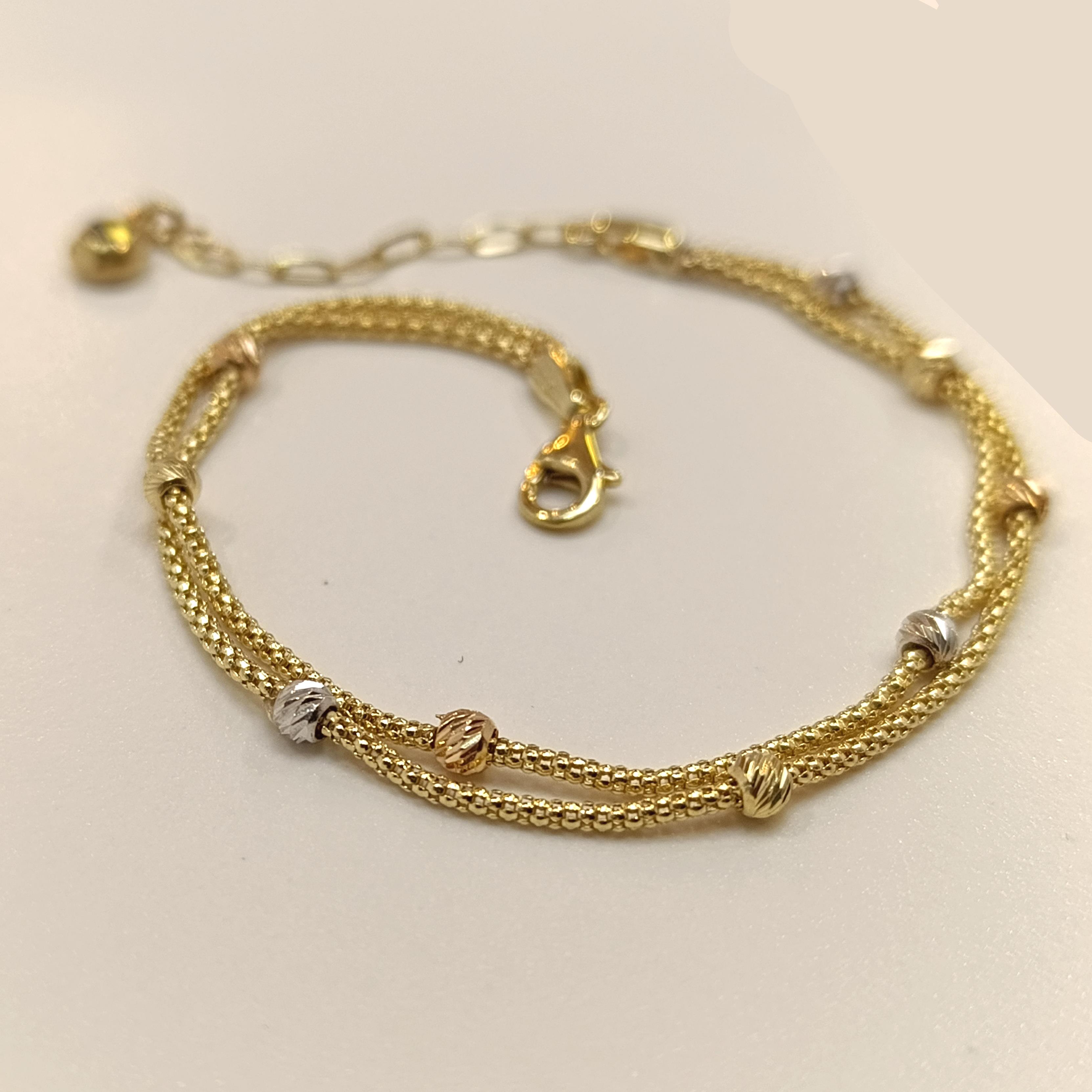 İkili Dorika Toplu popcorn Zincirli Bileklik Künye 14 Ayar Altın HD VİDEOLU