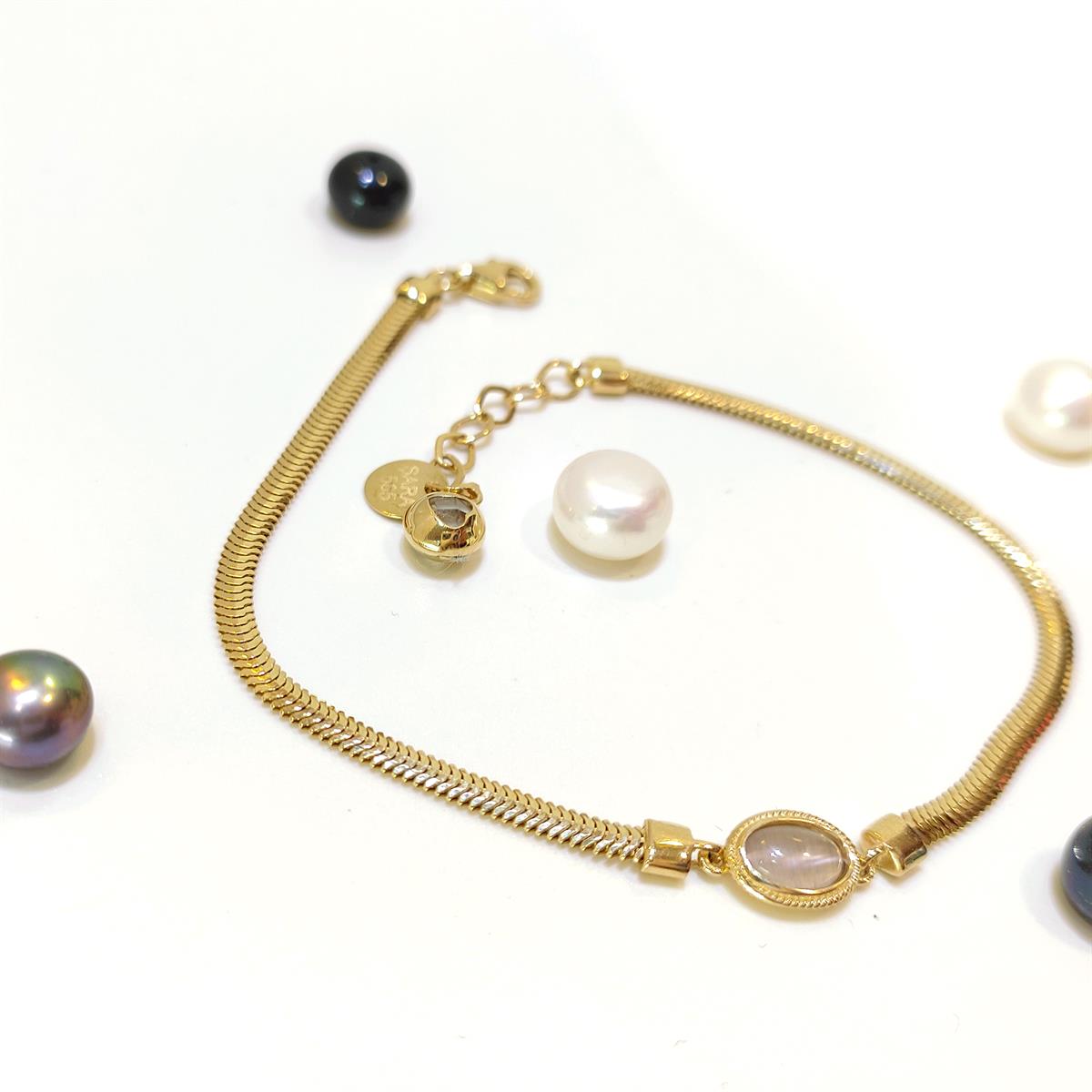 Kahve Kedi Gözü Taşlı Balık Sırtı Bileklik Künye 14 Ayar Altın HD VİDEOLU