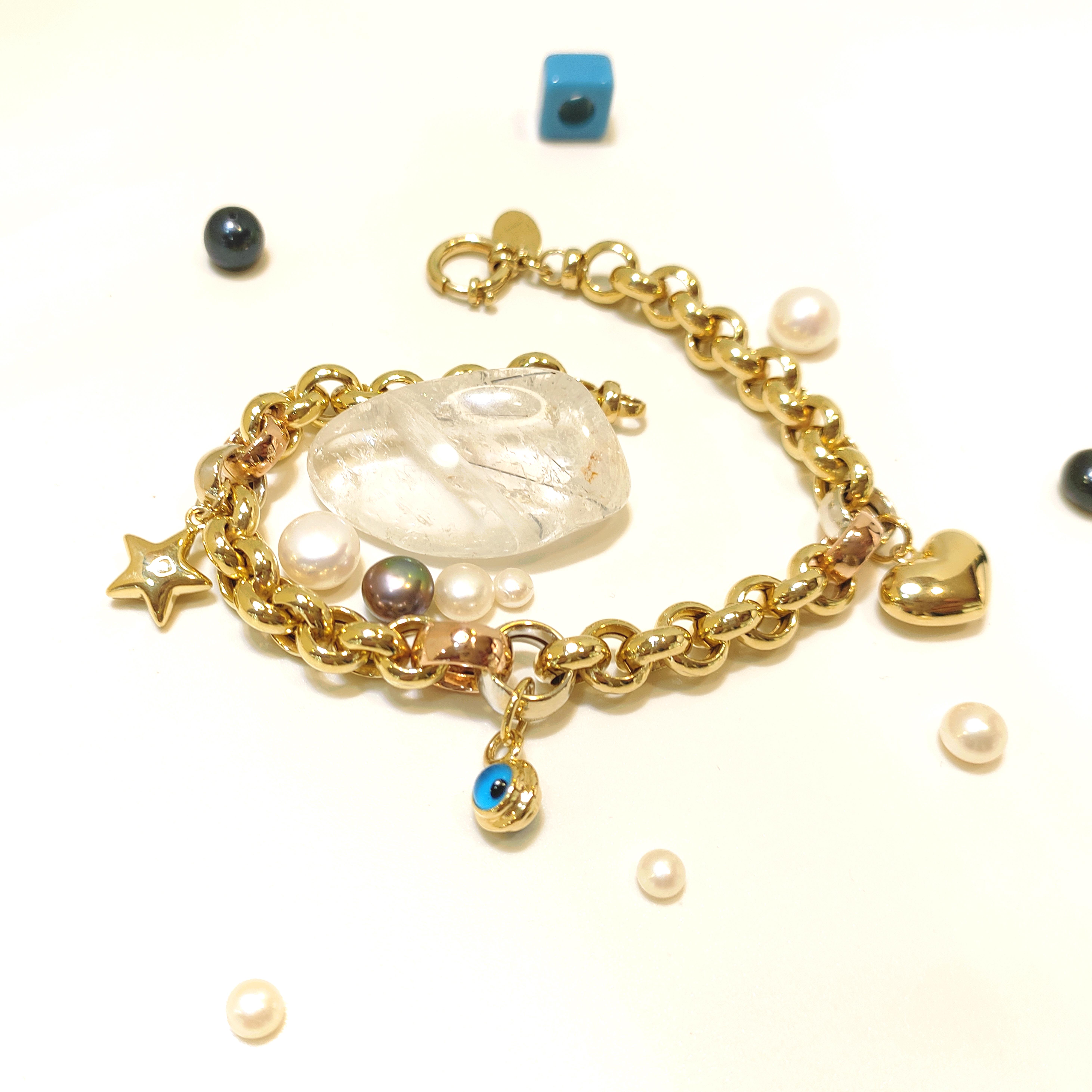 Kalpli Göz Boncuklu Doç Zincirli Bileklik Künye 14 Ayar Altın HD VİDEOLU