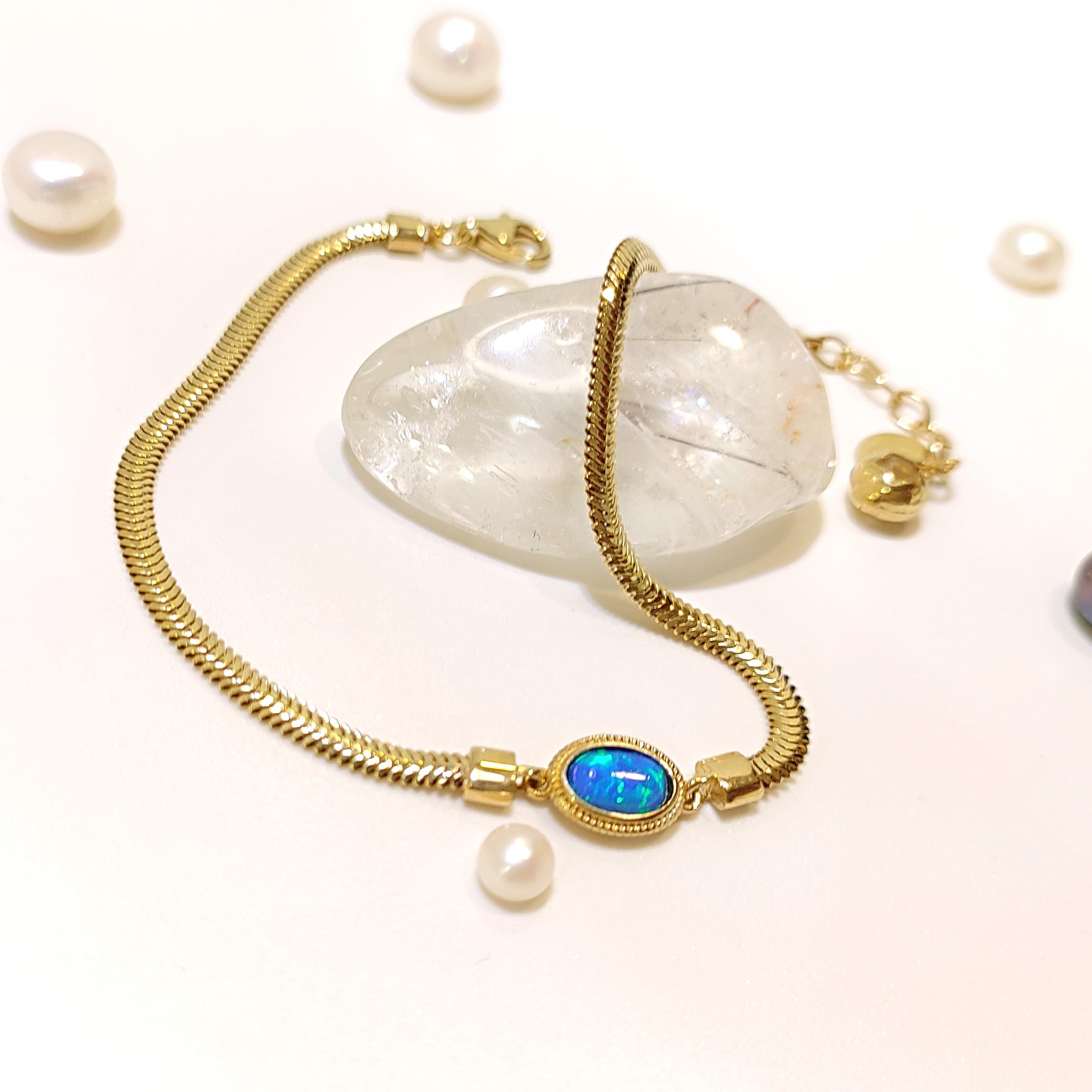 Koyu Mavi Opal Taşlı Balık Sırtı Bileklik Künye 14 Ayar Altın HD VİDEOLU