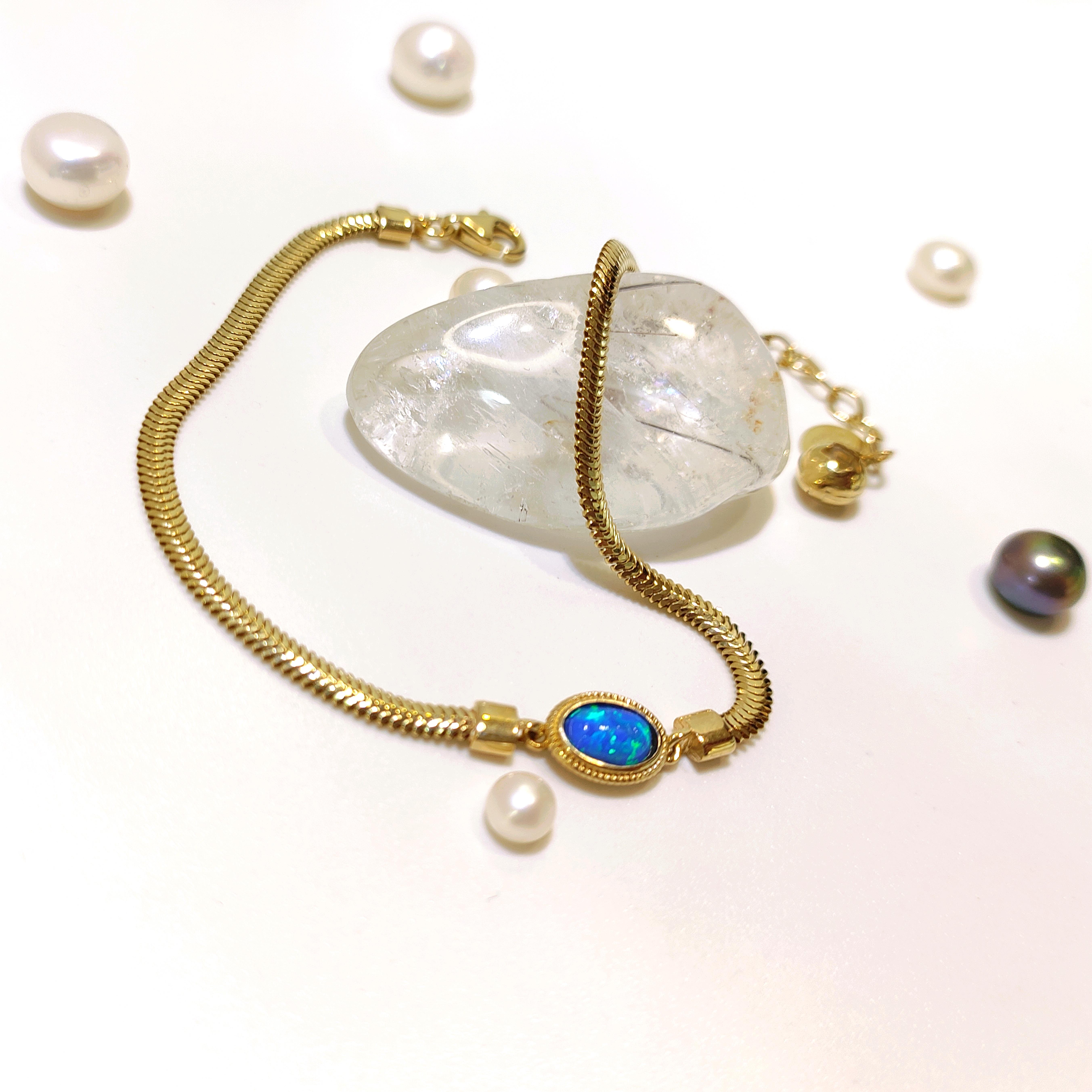 Koyu Mavi Opal Taşlı Balık Sırtı Bileklik Künye 14 Ayar Altın HD VİDEOLU